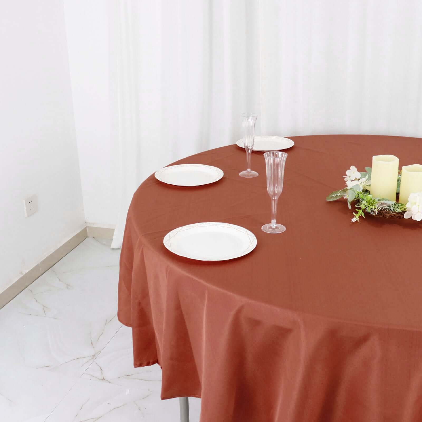 Hot! 90' Round Terracotta Polyester Tablecloth - Stain & Wrinkle Free