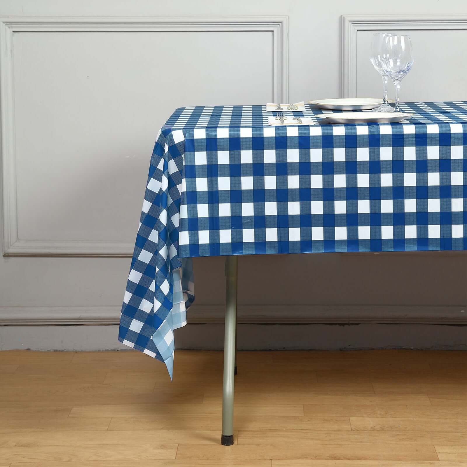 5-Pack Durable PVC Disposable Navy Blue Checkered Rectangle Plastic Table Covers for Events, 54x108