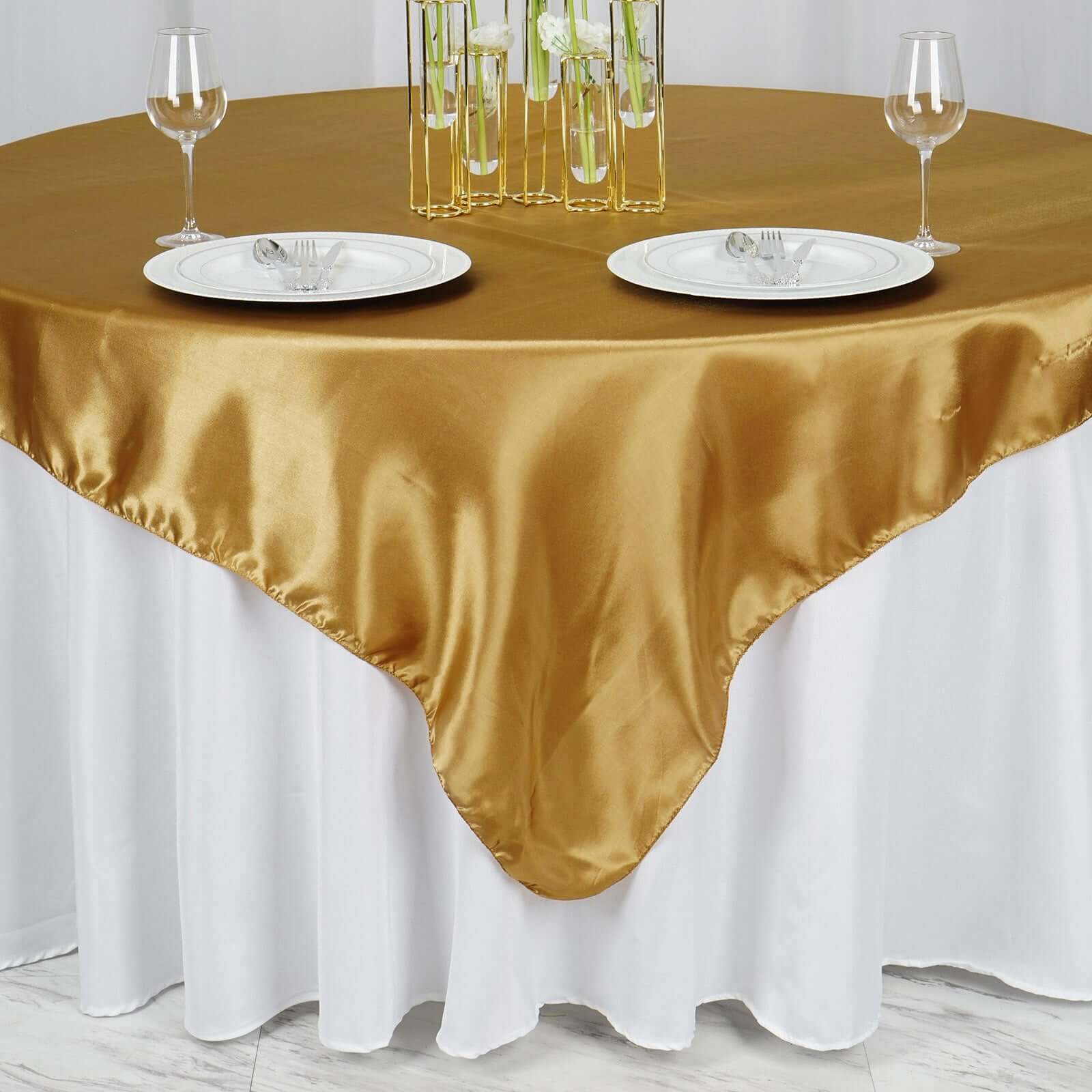 Luxurious Gold Satin 72x72 Square Table Overlay with Smooth Finish for Special Events