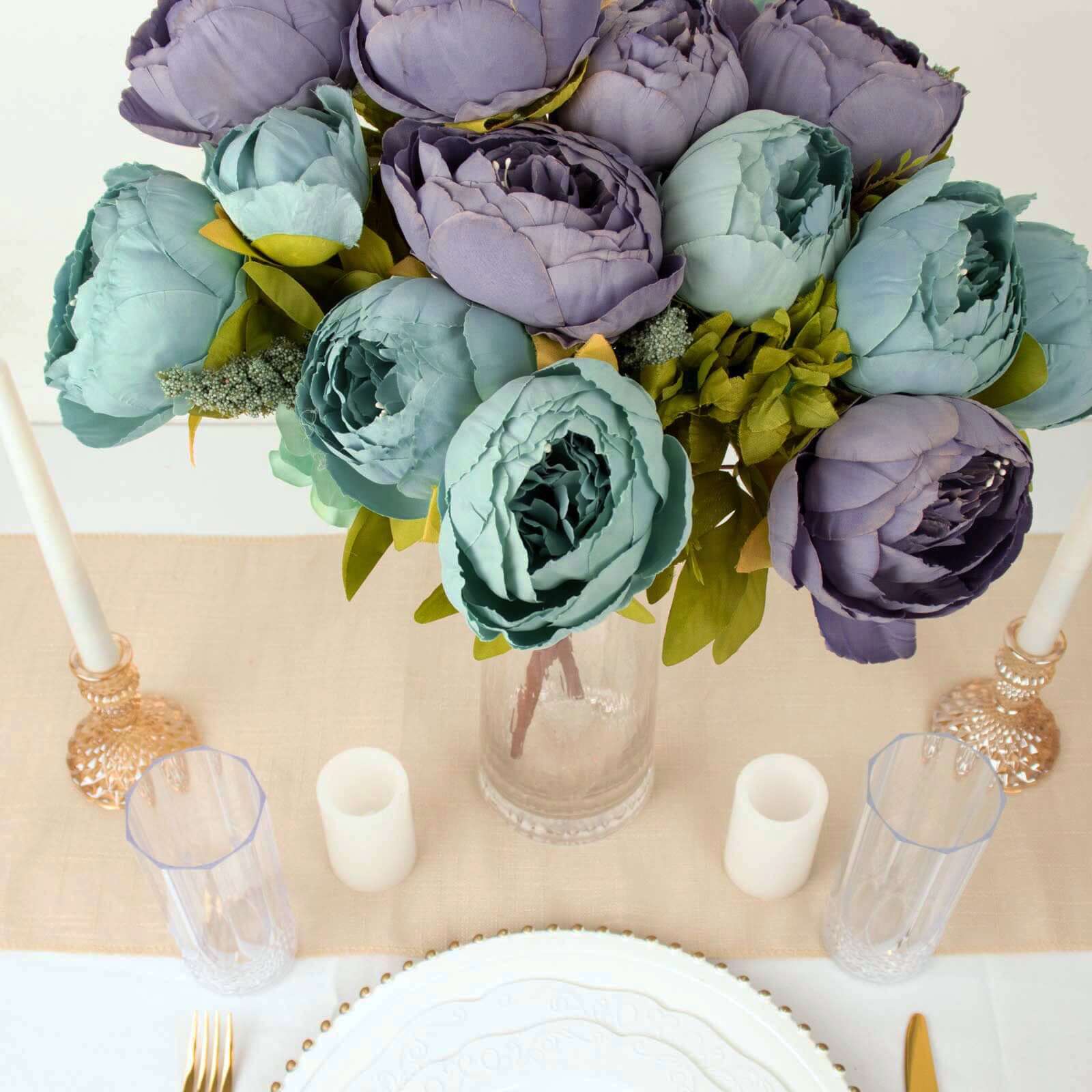 Hot Deal! 2-Pack 19-Inch Dusty Blue Artificial Peony Flower Bouquets for Weddings and Decor