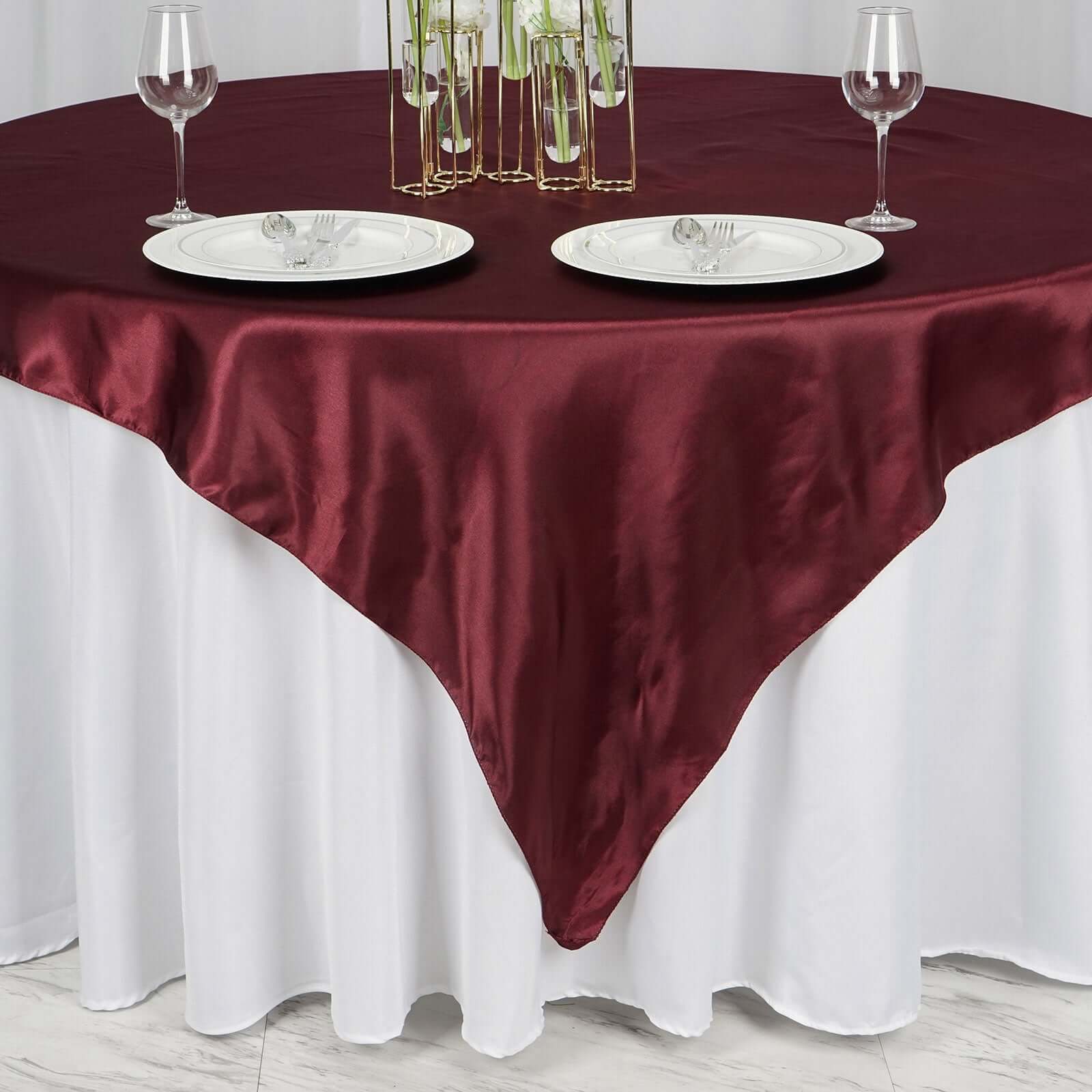 Hot! Burgundy 72x72 Satin Square Table Overlay with Smooth Finish