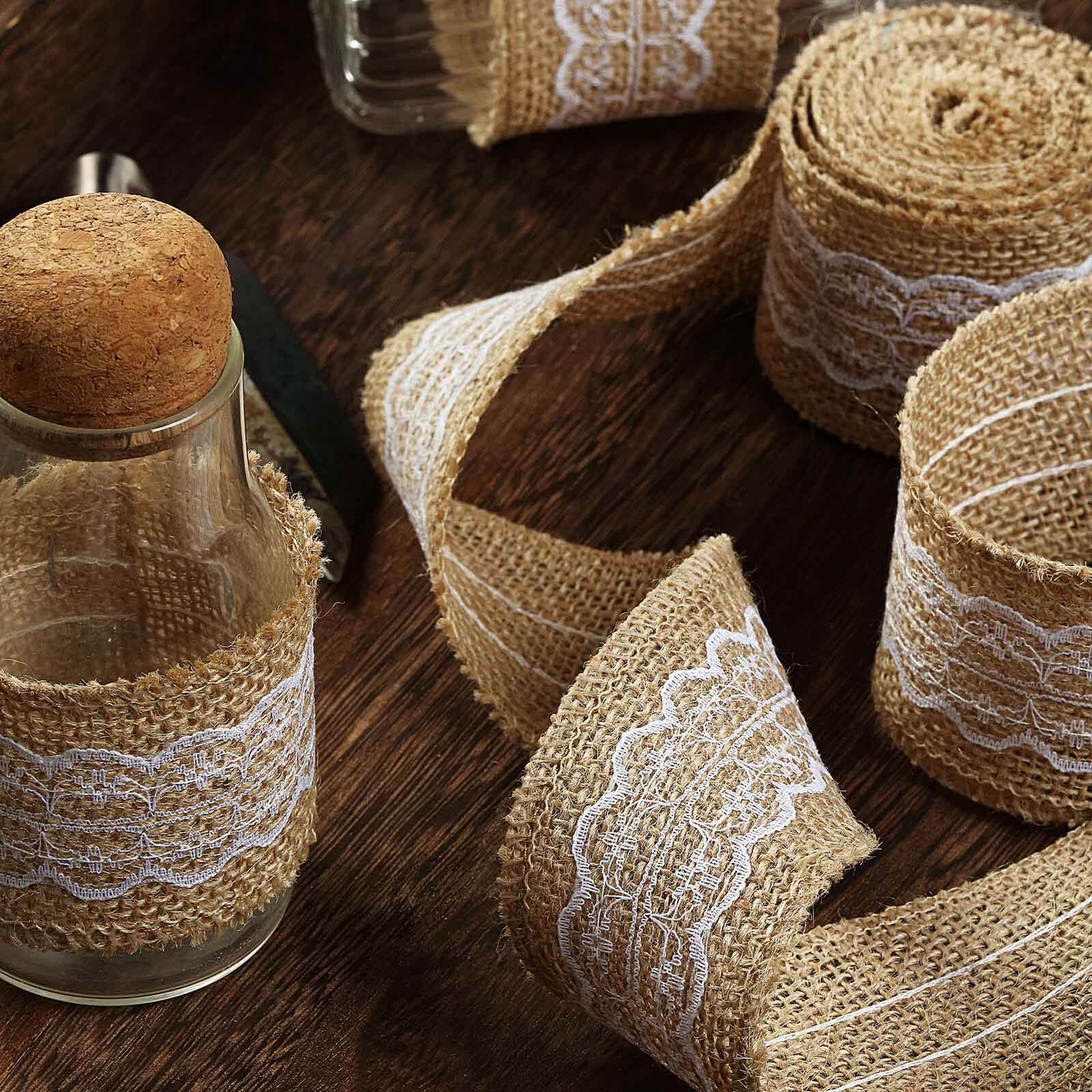 Pair of 16FT Natural Jute Burlap Ribbons with Wavy Lace Trim