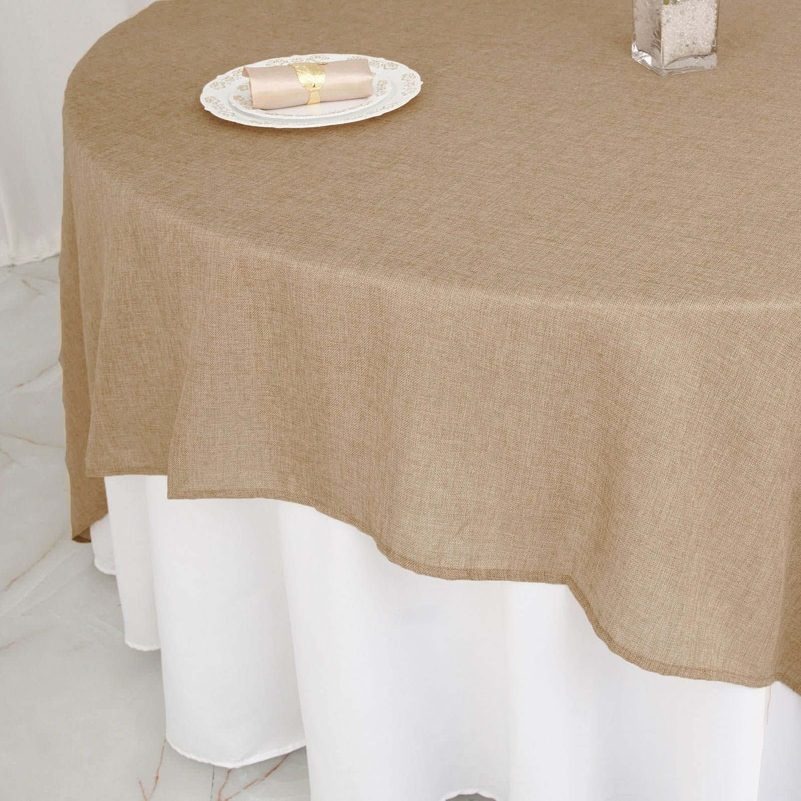 Hot Sale! Natural Faux Burlap 90x90 Square Table Overlay for Stylish Boho - Chic Celebrations