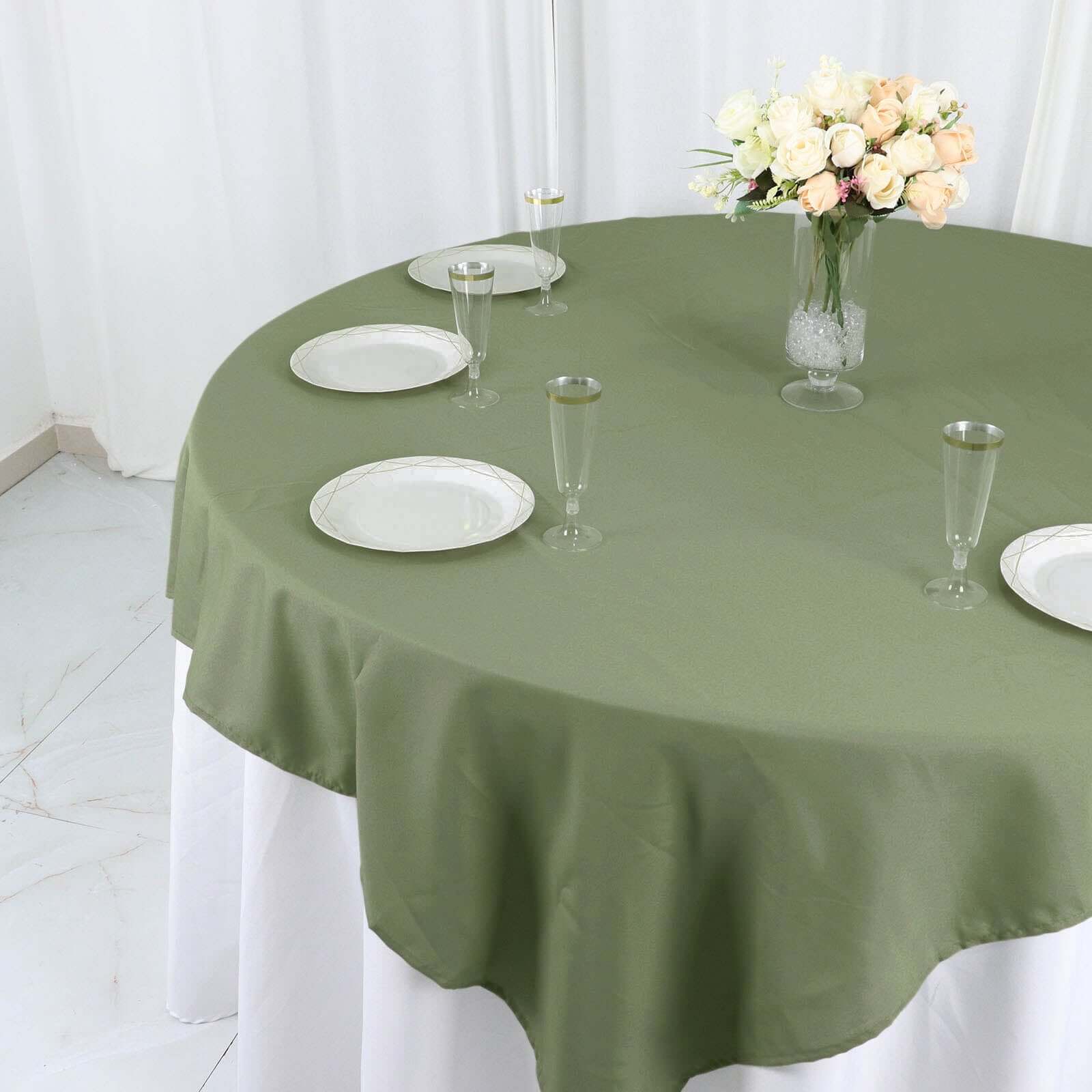 Get This Durable & Wrinkle-Resistant 70x70 Polyester Square Table Overlay in Dusty Sage Green