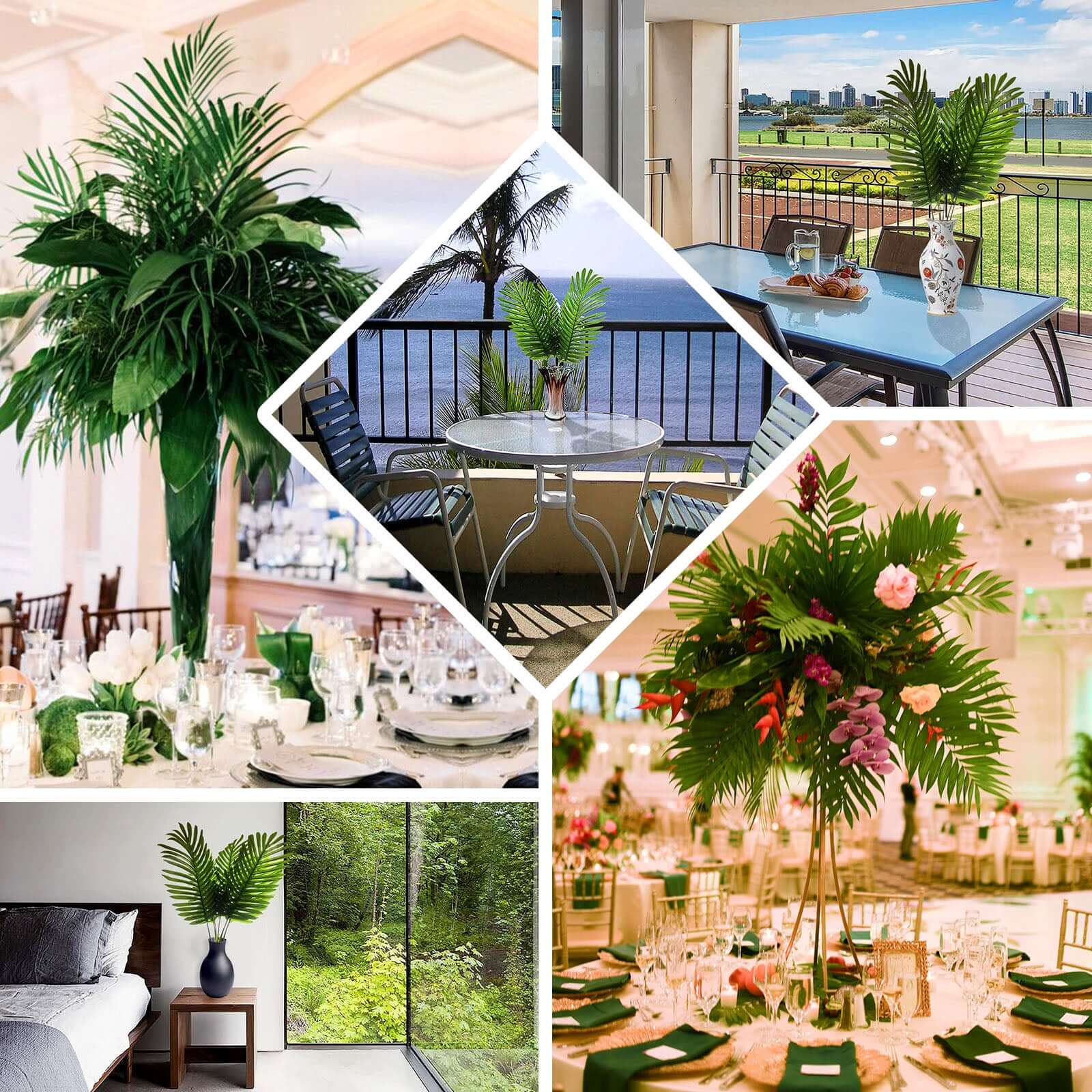 5 Stems Green Artificial Silk Tropical Palm Leaf Plants - Ideal Decor