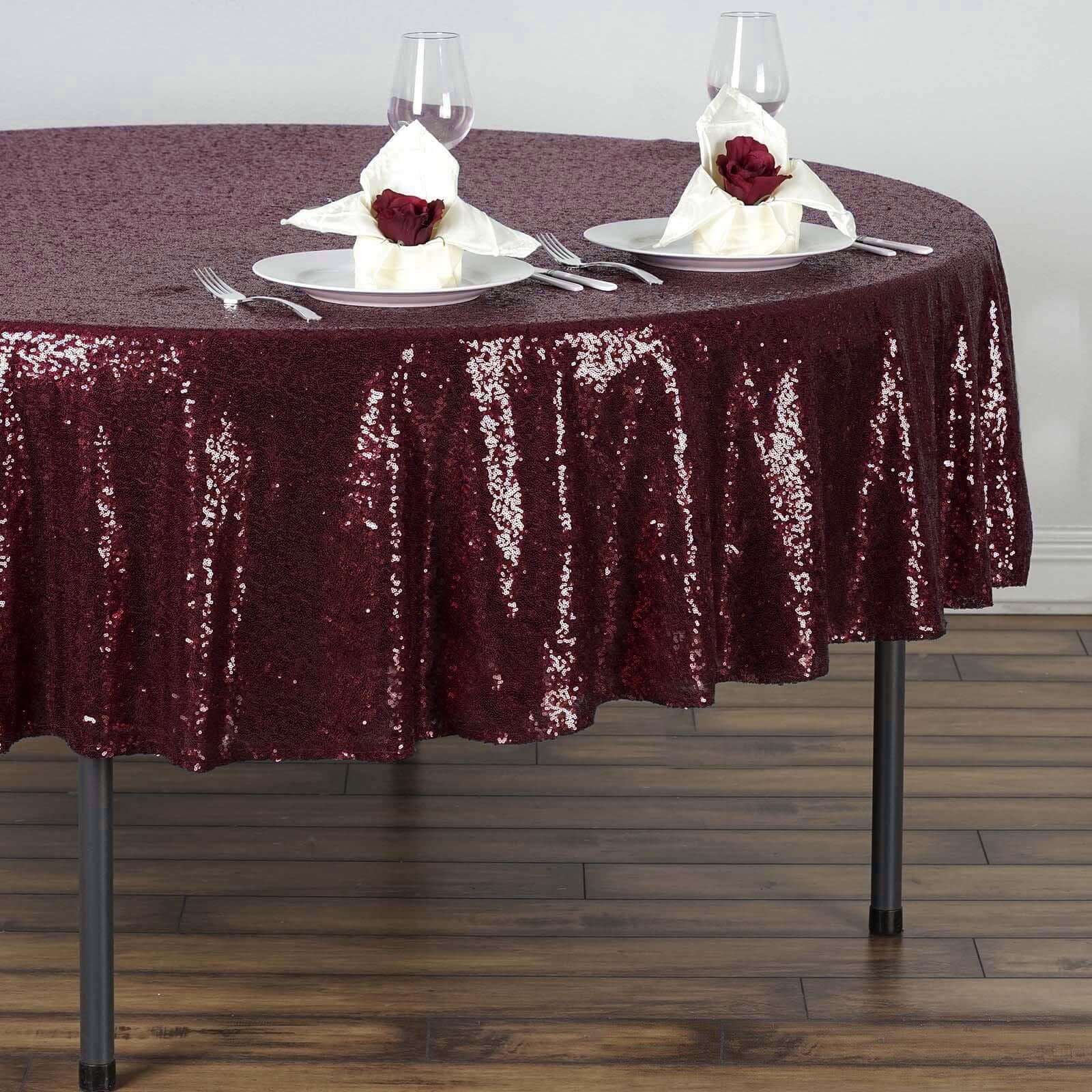 Hot Sale! 90-Inch Burgundy Sequined Round Tablecloth for Special Events