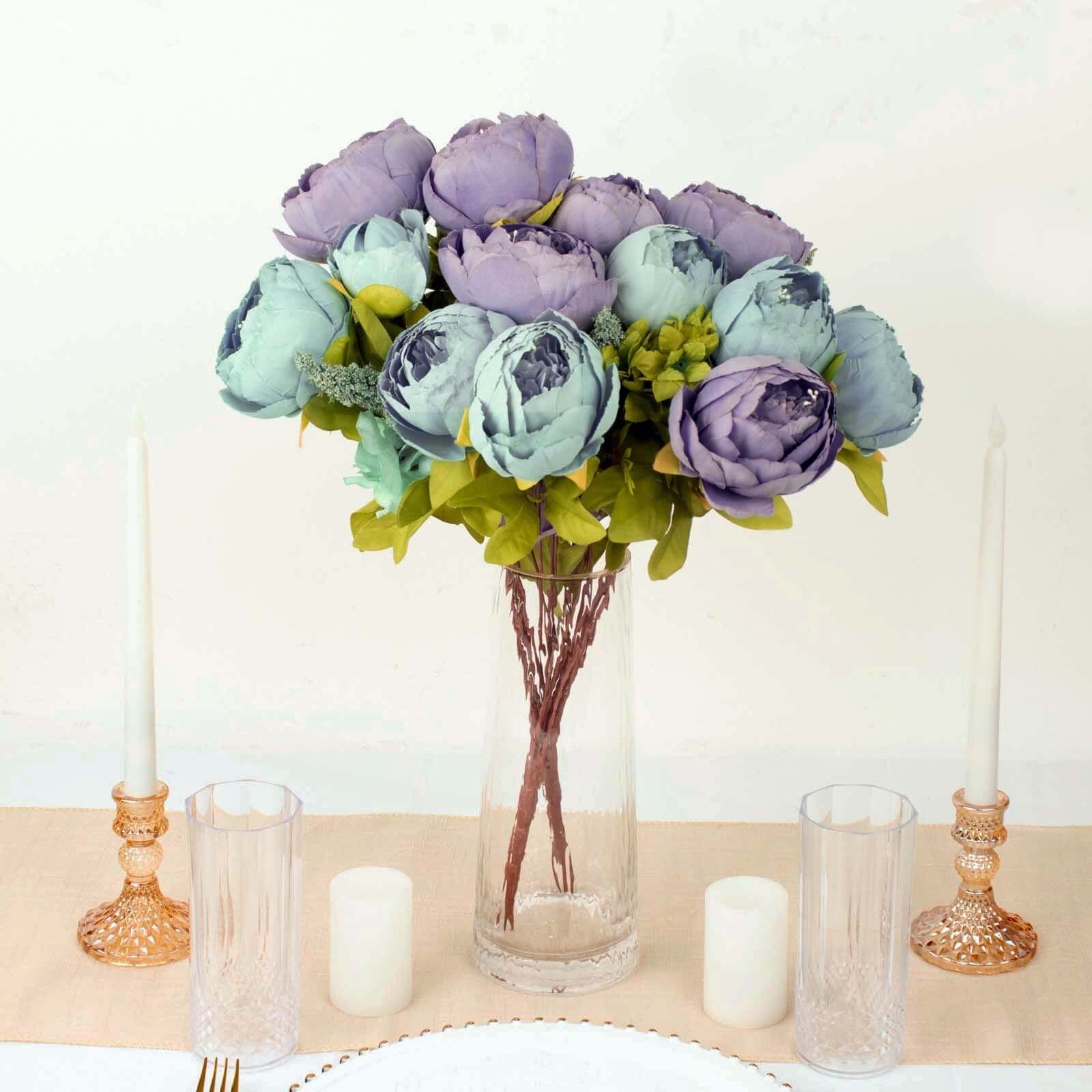 Hot Deal! 2-Pack 19-Inch Dusty Blue Artificial Peony Flower Bouquets for Weddings and Decor