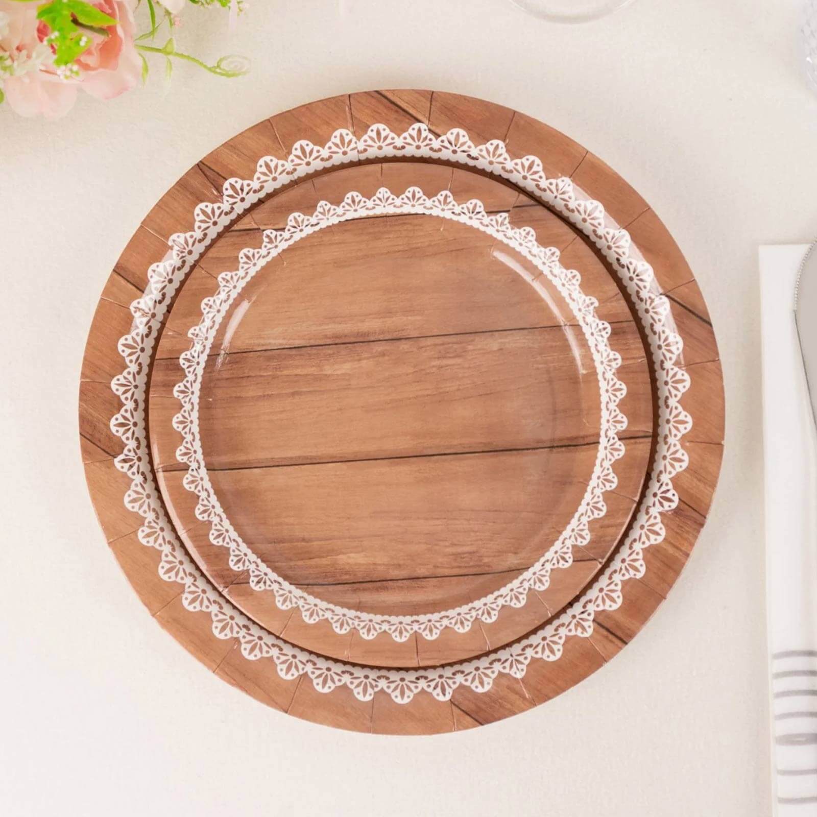 25-Pack Disposable 7-Inch Round Brown Wood Grain Paper Dessert Plates with White Lace Rim for Rustic Events