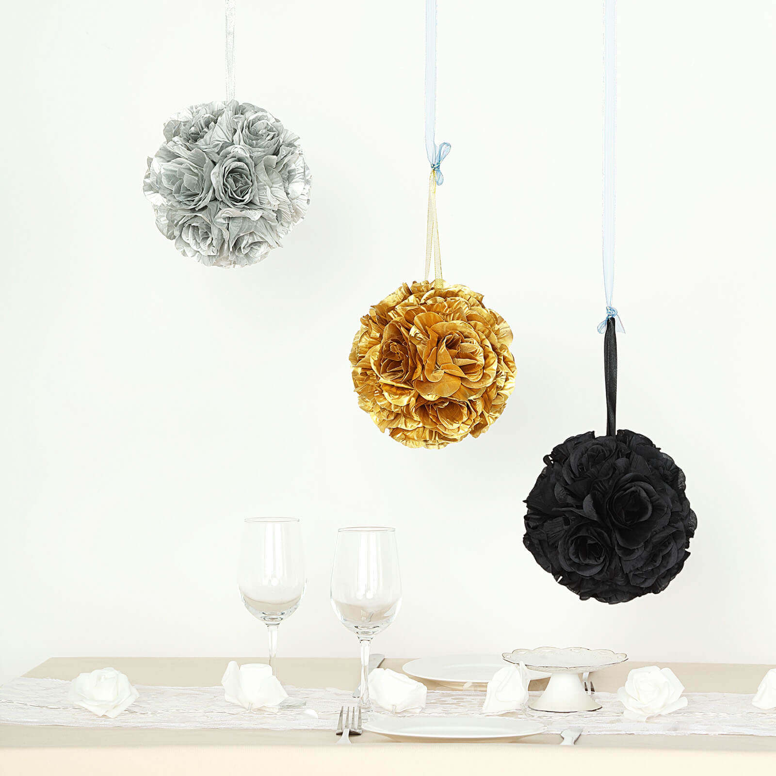 2-Piece Set of 7-Inch Gold Faux Silk Rose Kissing Balls