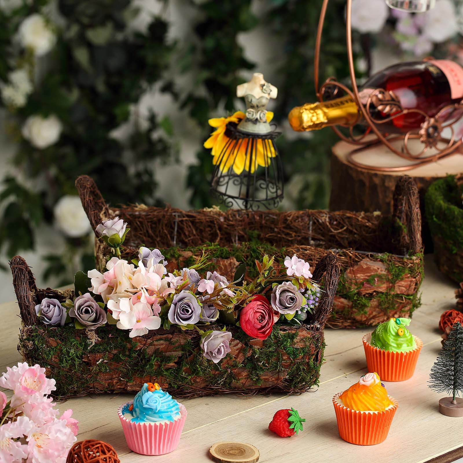 Special Offer! Set of 2 Rustic Moss Log-Shaped Planter Boxes with Handles for Flower Arrangements