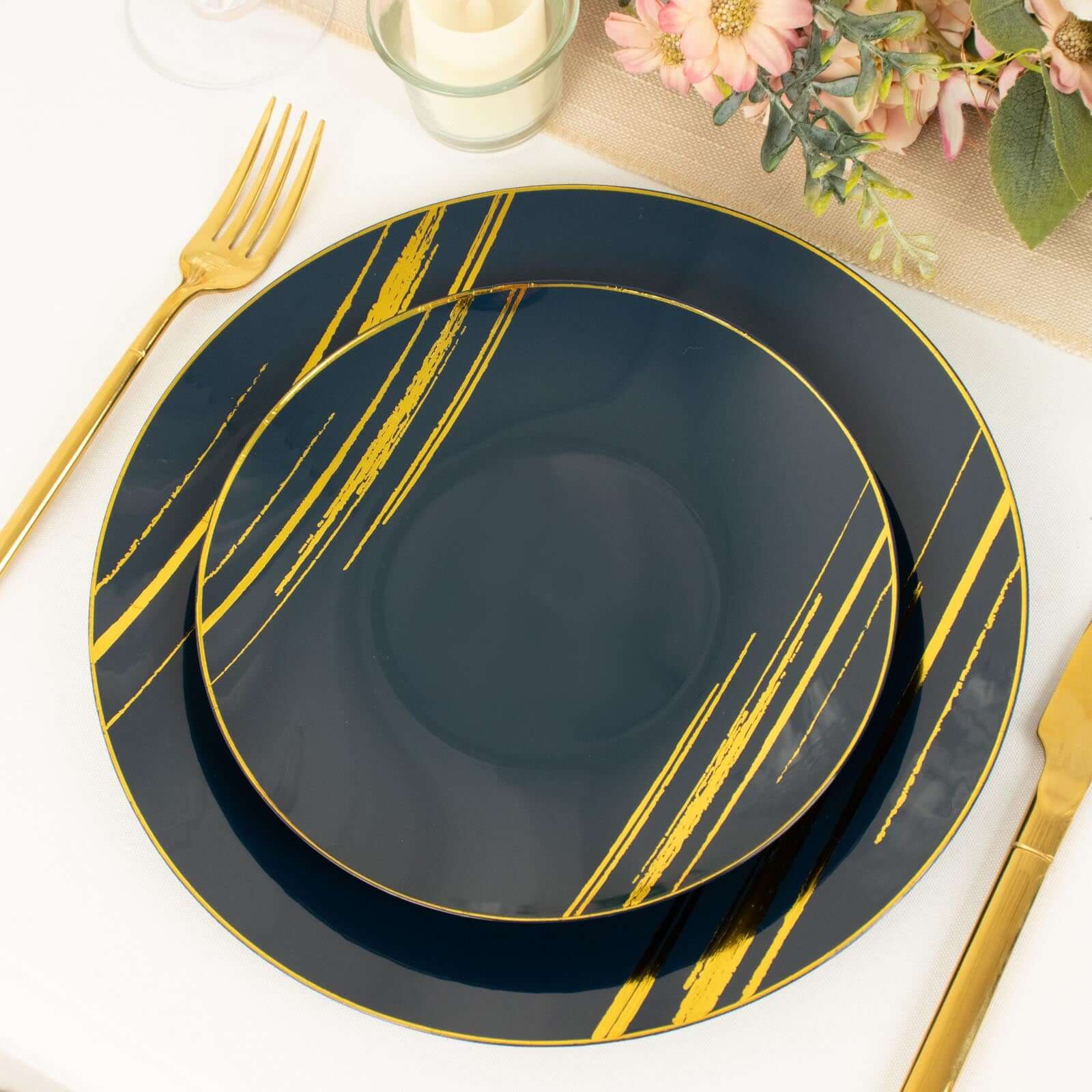 10-Piece Set of Navy Blue Plastic Round Dessert Plates with Gold Brush Print - Disposable Appetizer Salad Plates