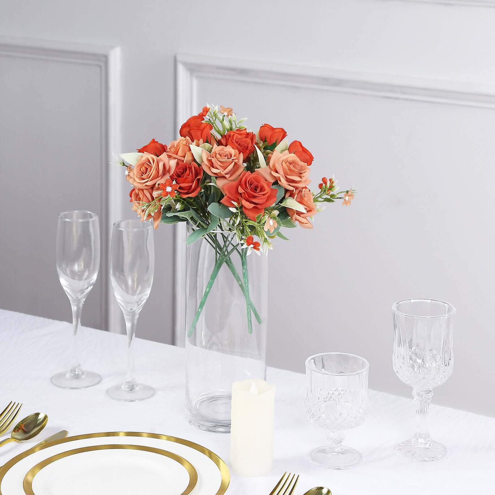 12-Inch Terracotta (Rust) Artificial Silk Rose Flower Bouquet with 4 Bushes for Decor