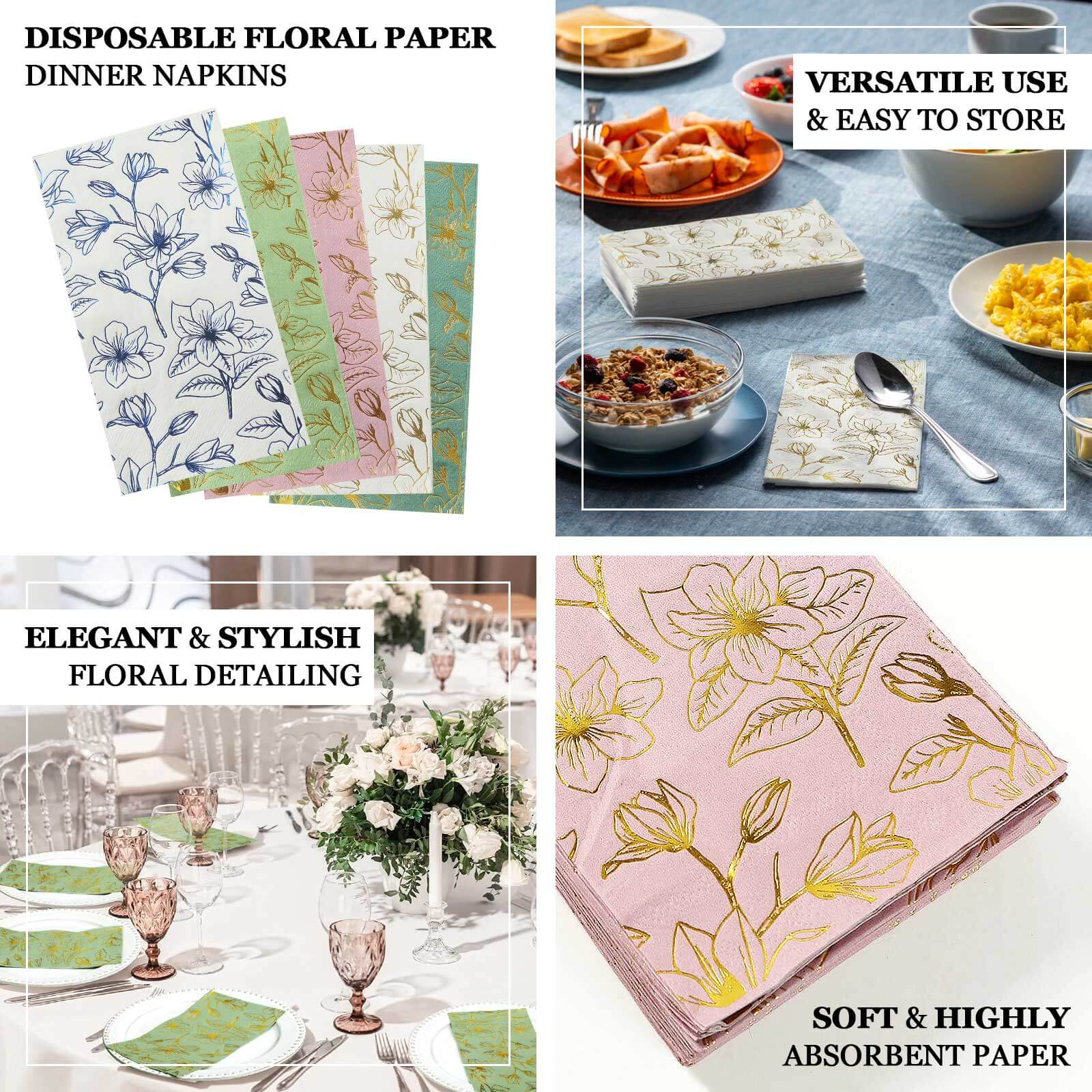 50-Pack Disposable 2-Ply Paper Dinner Napkins: Sage Green with Gold Magnolia Prints - Ideal for Parties