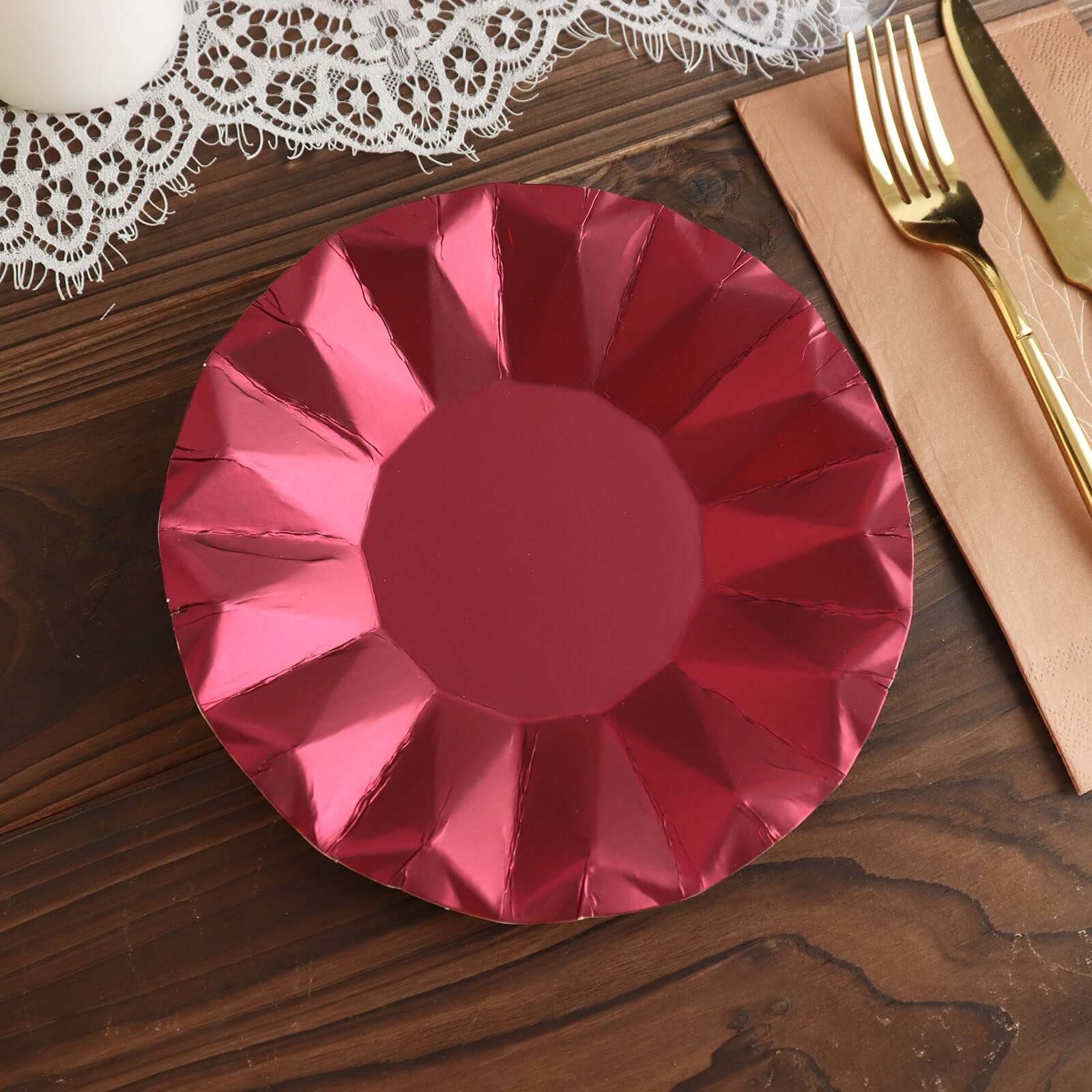 25-Pack 7-Inch Disposable Burgundy Round Dessert Plates with Geometric Prism Rim, 400GSM
