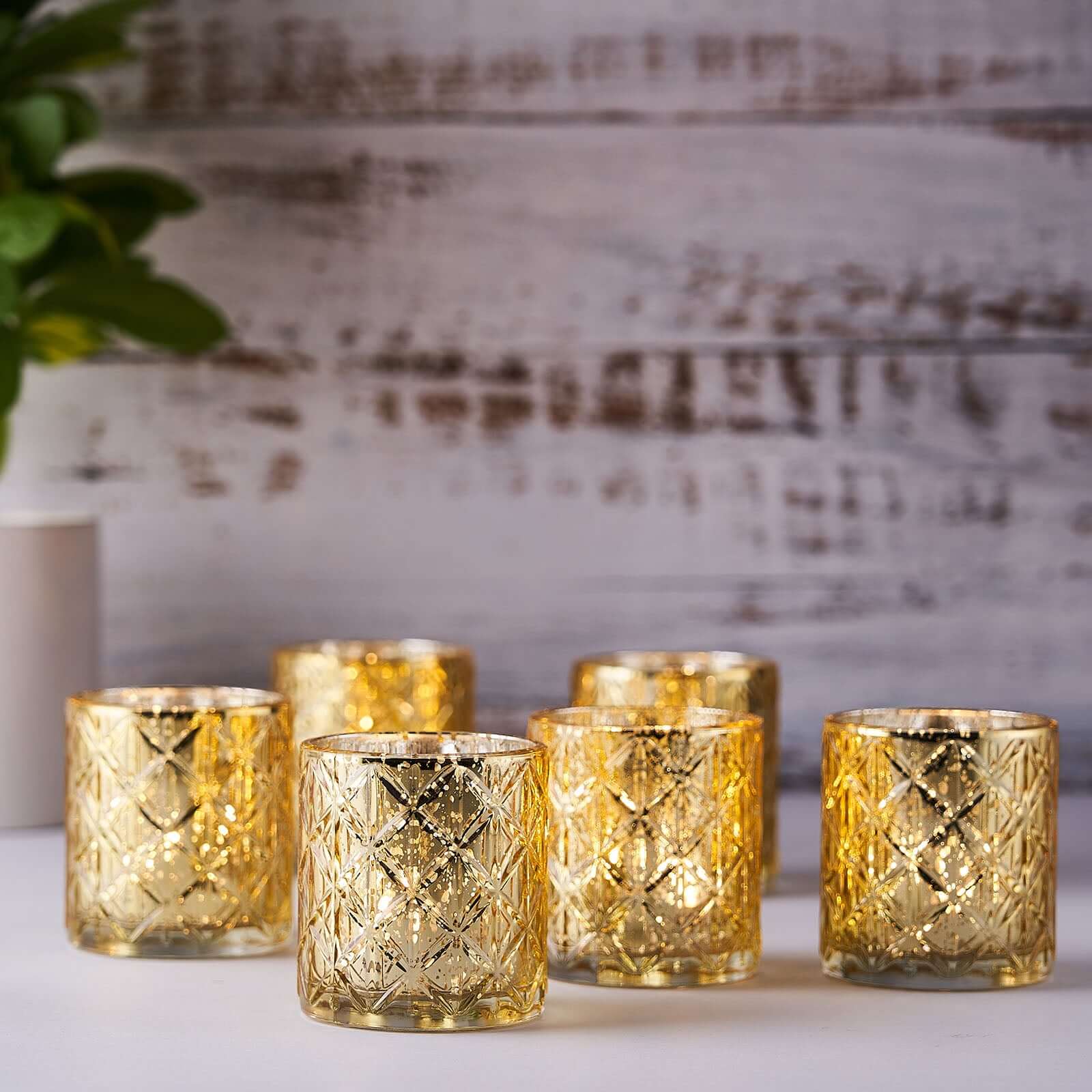 Hot Sale! 6-Piece Set of Shiny Gold Mercury Glass Votive Tealight Holders with Geometric Design