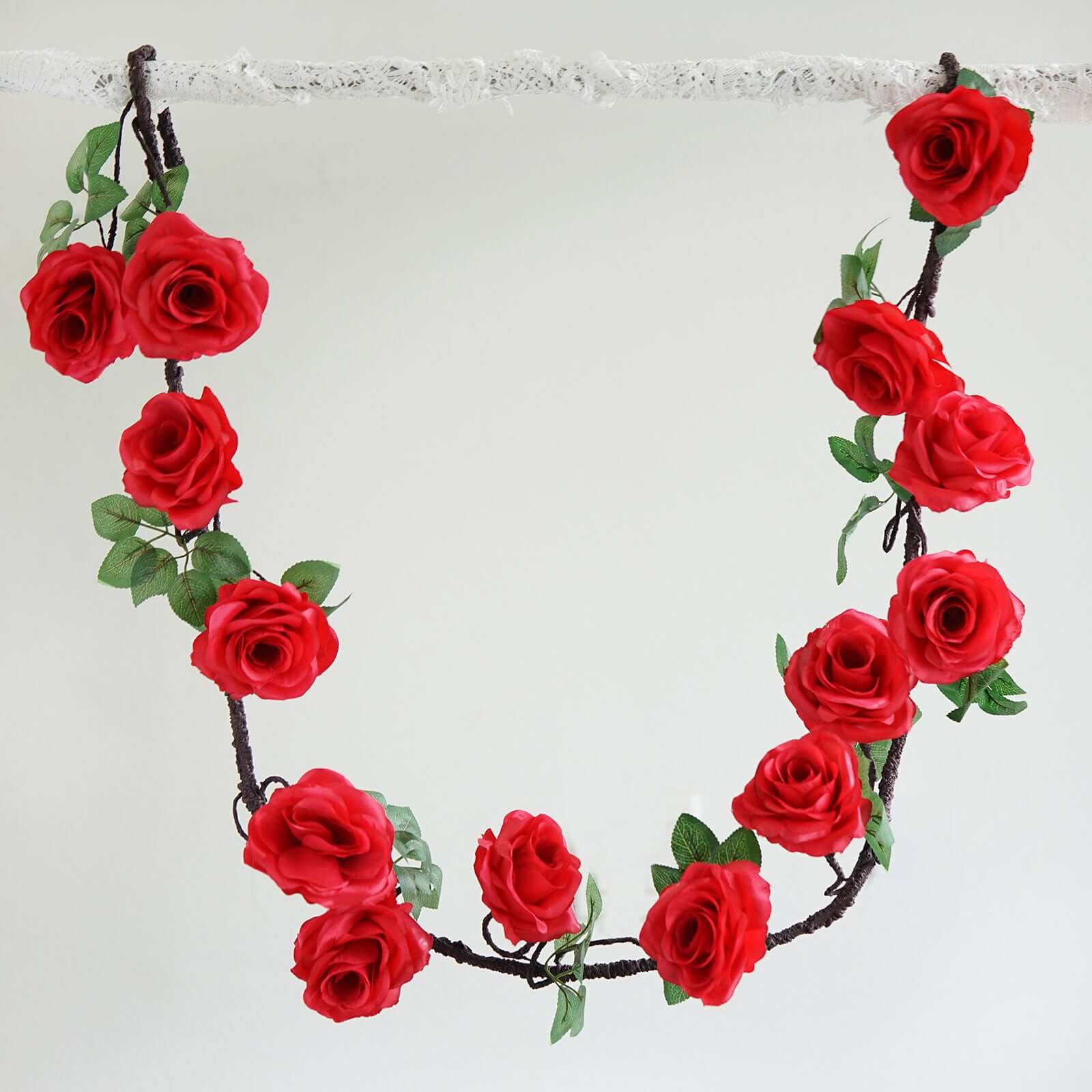 Hot Sale! 6ft Long Red Artificial Silk Rose Hanging Garland, Faux Vine for Decor