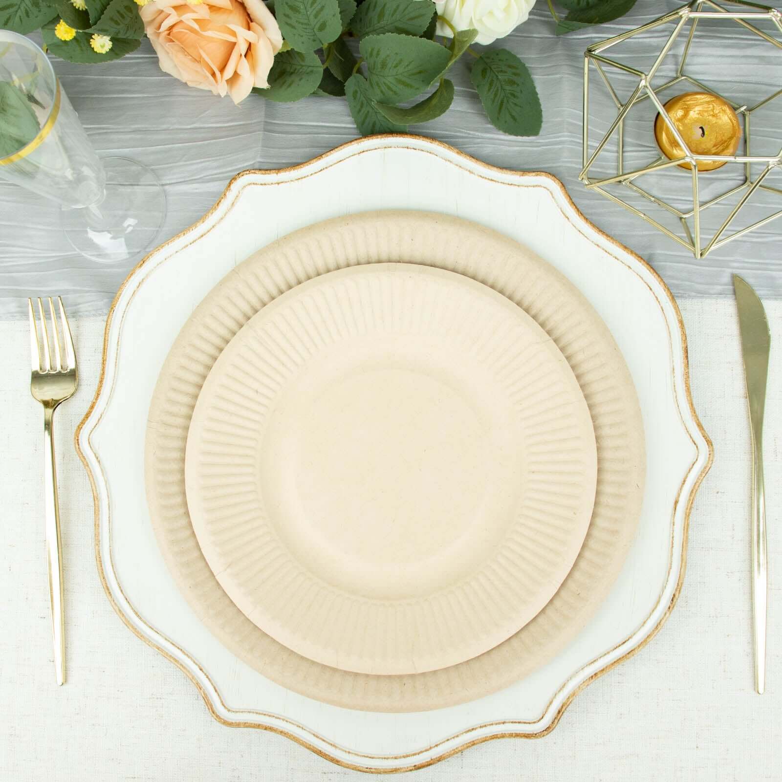 50-Pack Natural Ribbed Rim Round Dinner Plates Made of Bagasse - Eco-Friendly Sugarcane Party Plates