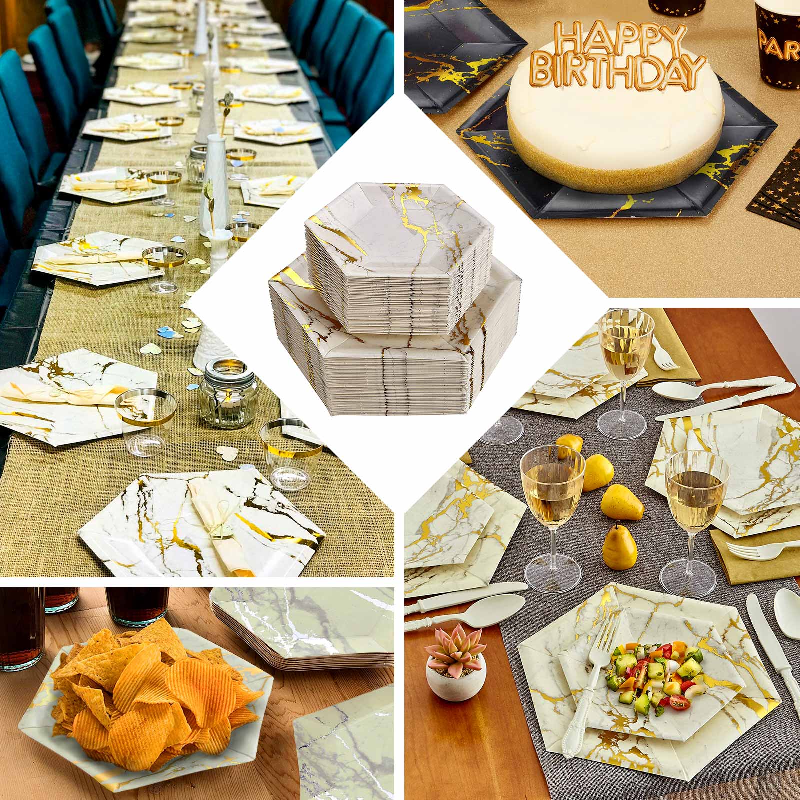25-Pack Ivory Marble Disposable Dinner Paper Plates, 12-Inch Hexagon with Gold Foil Design - Great Value!