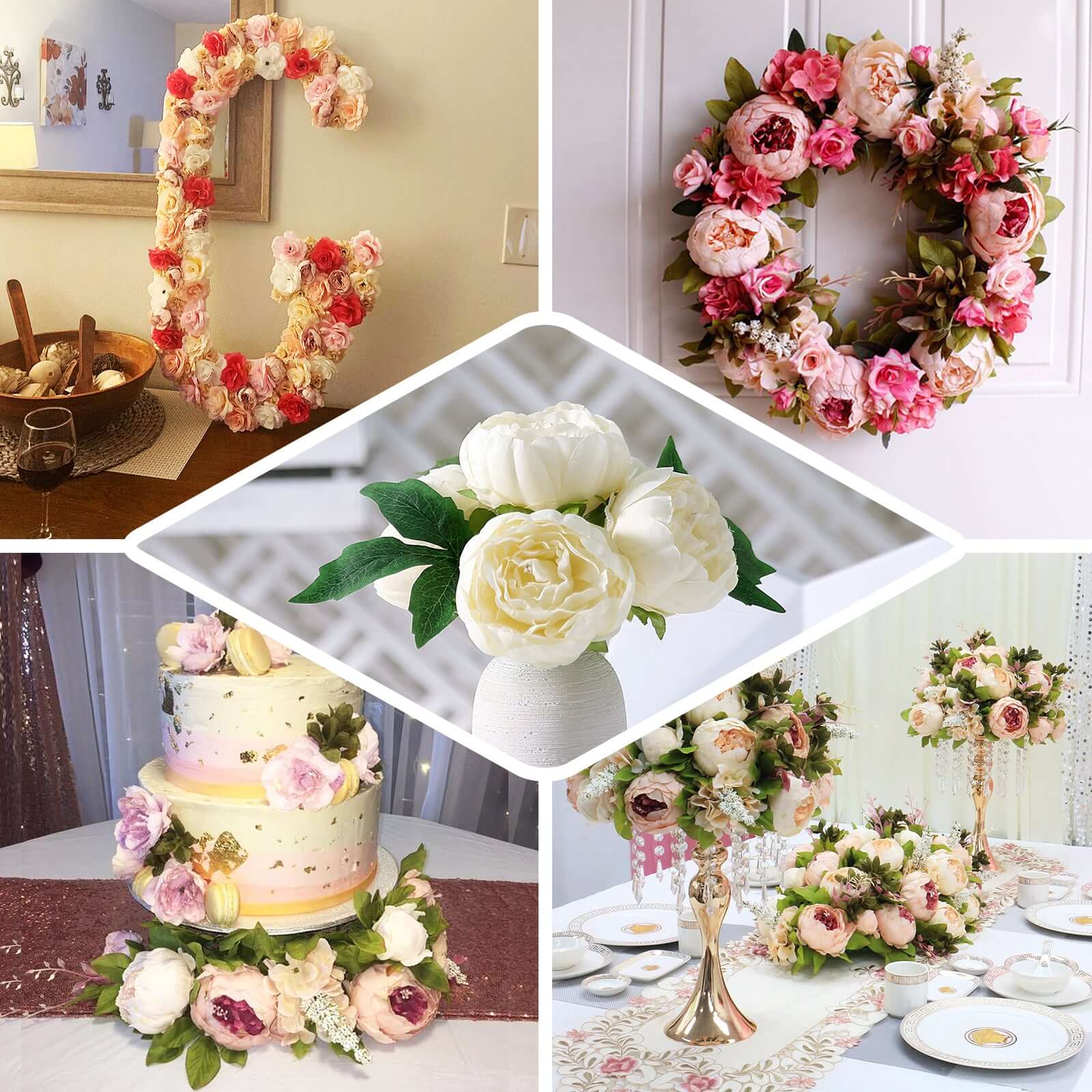 Stunning Beige Artificial Silk Peony Bouquet - 5 Flower Heads
