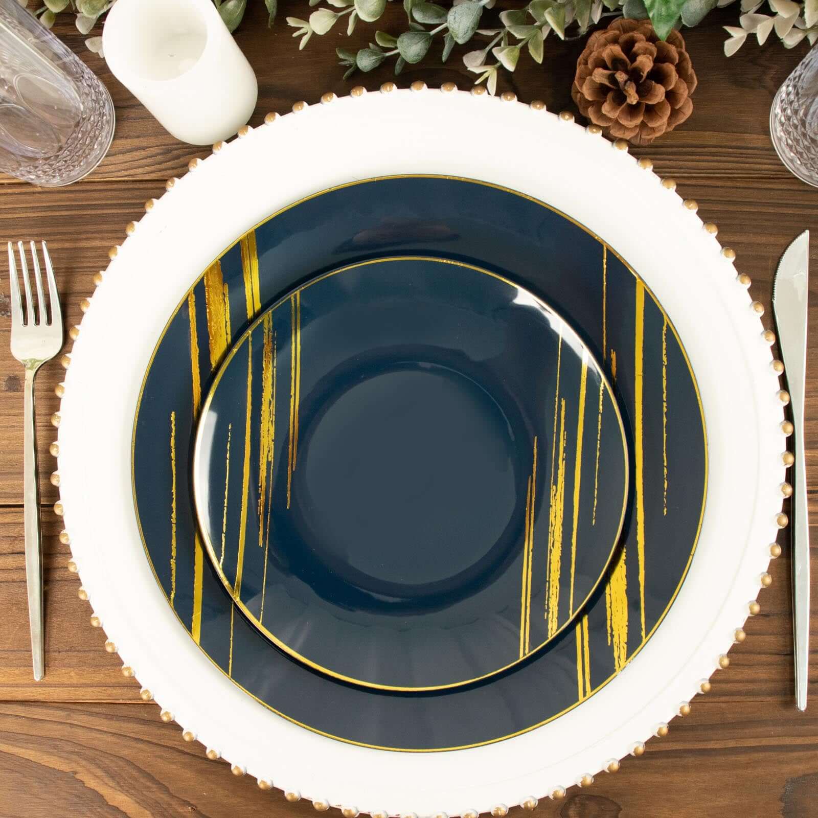 10-Piece Set of Navy Blue Plastic Round Dessert Plates with Gold Brush Print - Disposable Appetizer Salad Plates