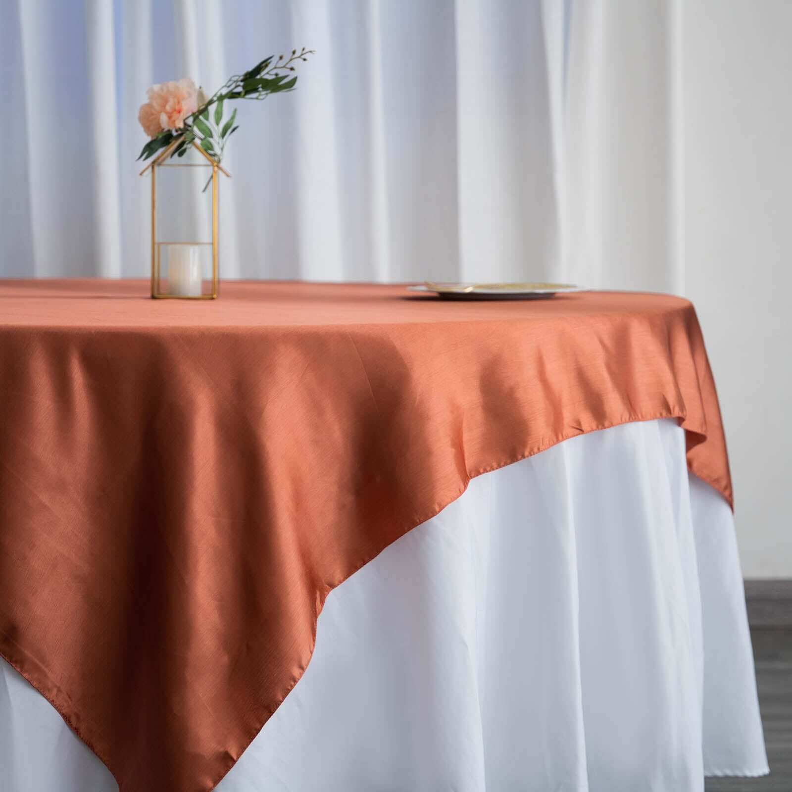 Hot! 72x72 Satin Square Table Overlay in Terracotta (Rust) - Smooth Finish