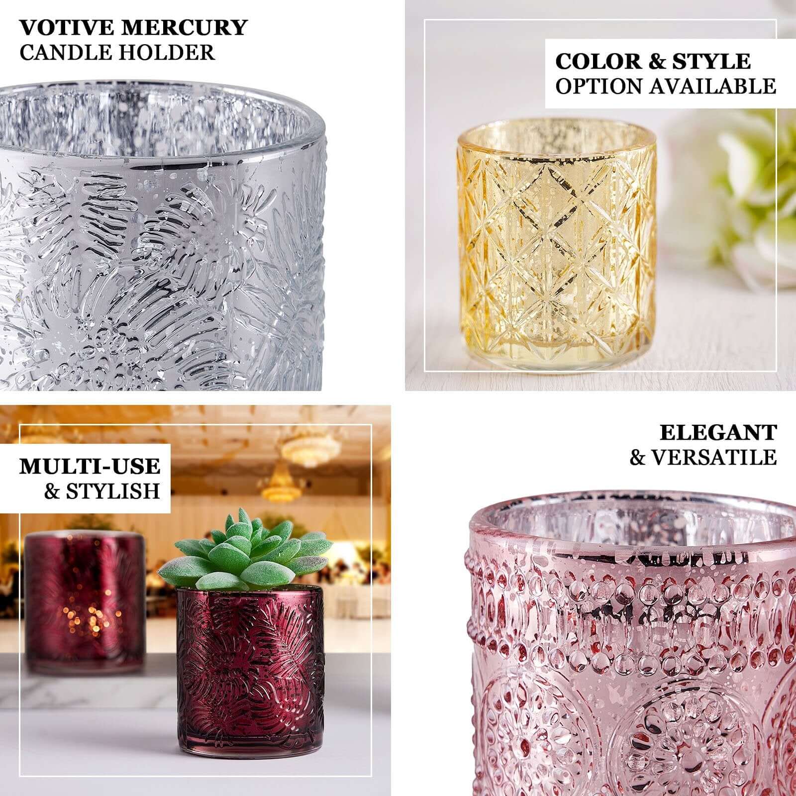 Hot Sale! 6-Piece Set of Shiny Gold Mercury Glass Votive Tealight Holders with Geometric Design