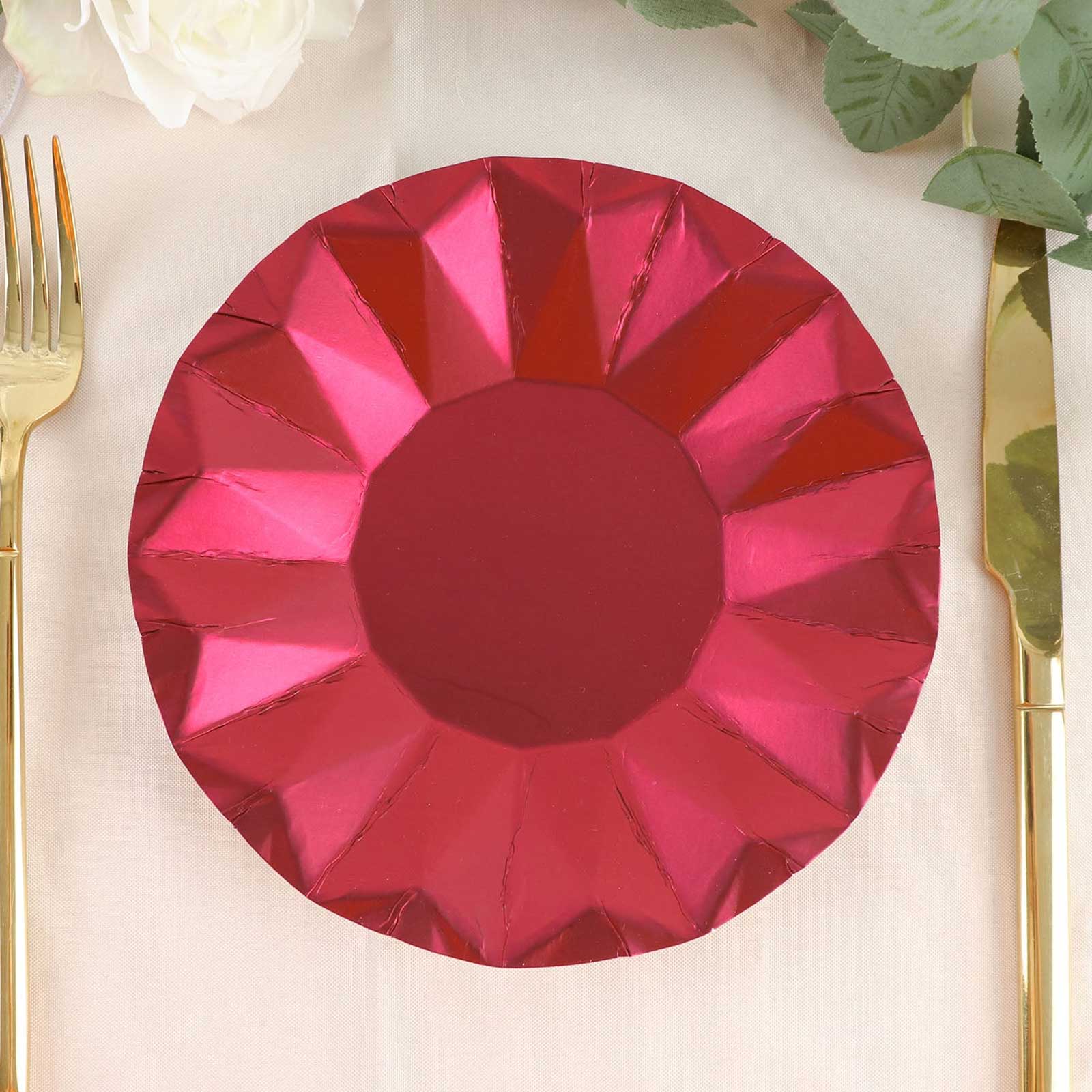 25-Pack 7-Inch Disposable Burgundy Round Dessert Plates with Geometric Prism Rim, 400GSM
