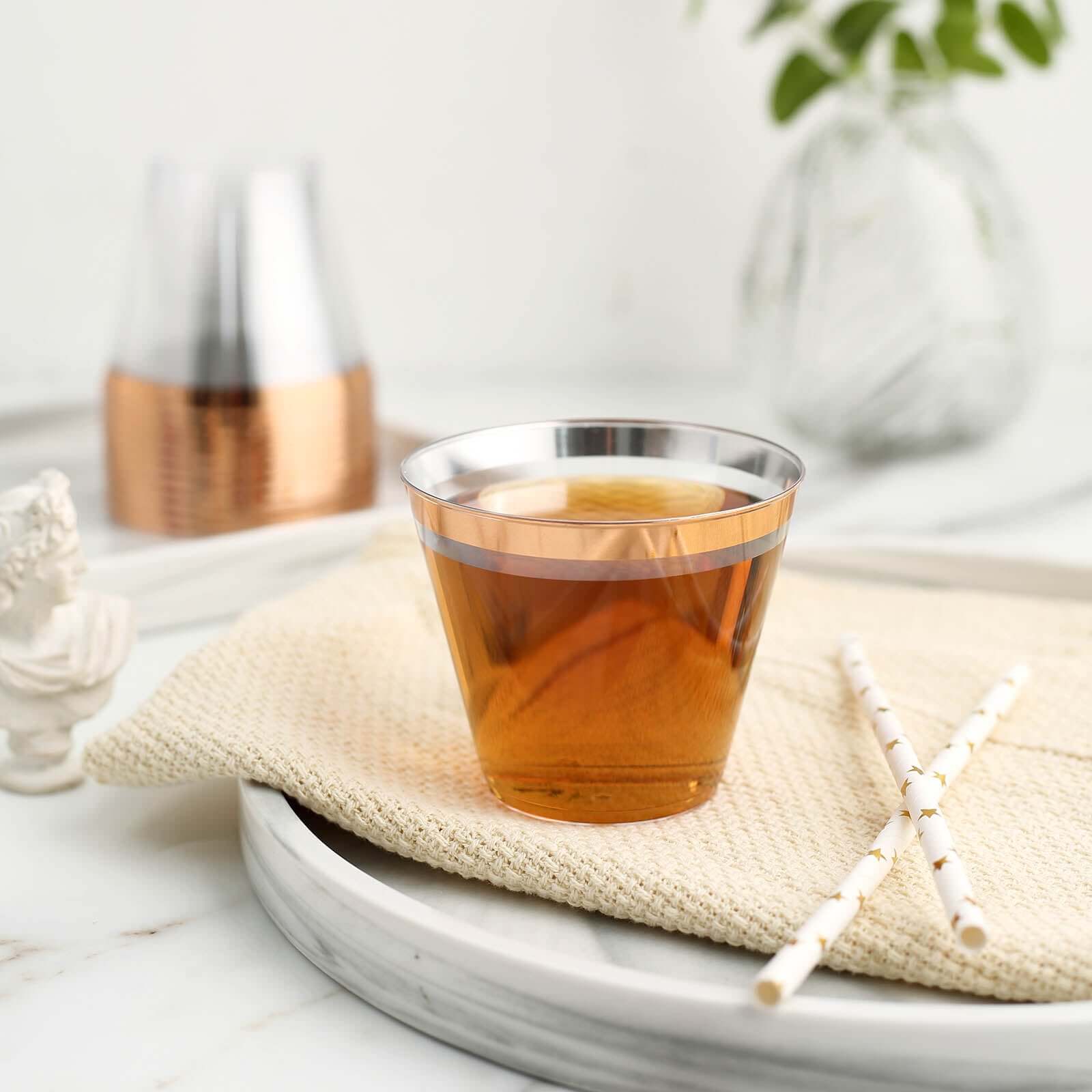 Hot Sale! 12-Pack 10oz Clear Plastic Party Squat Cups with Rose Gold Rim for Special Occasions