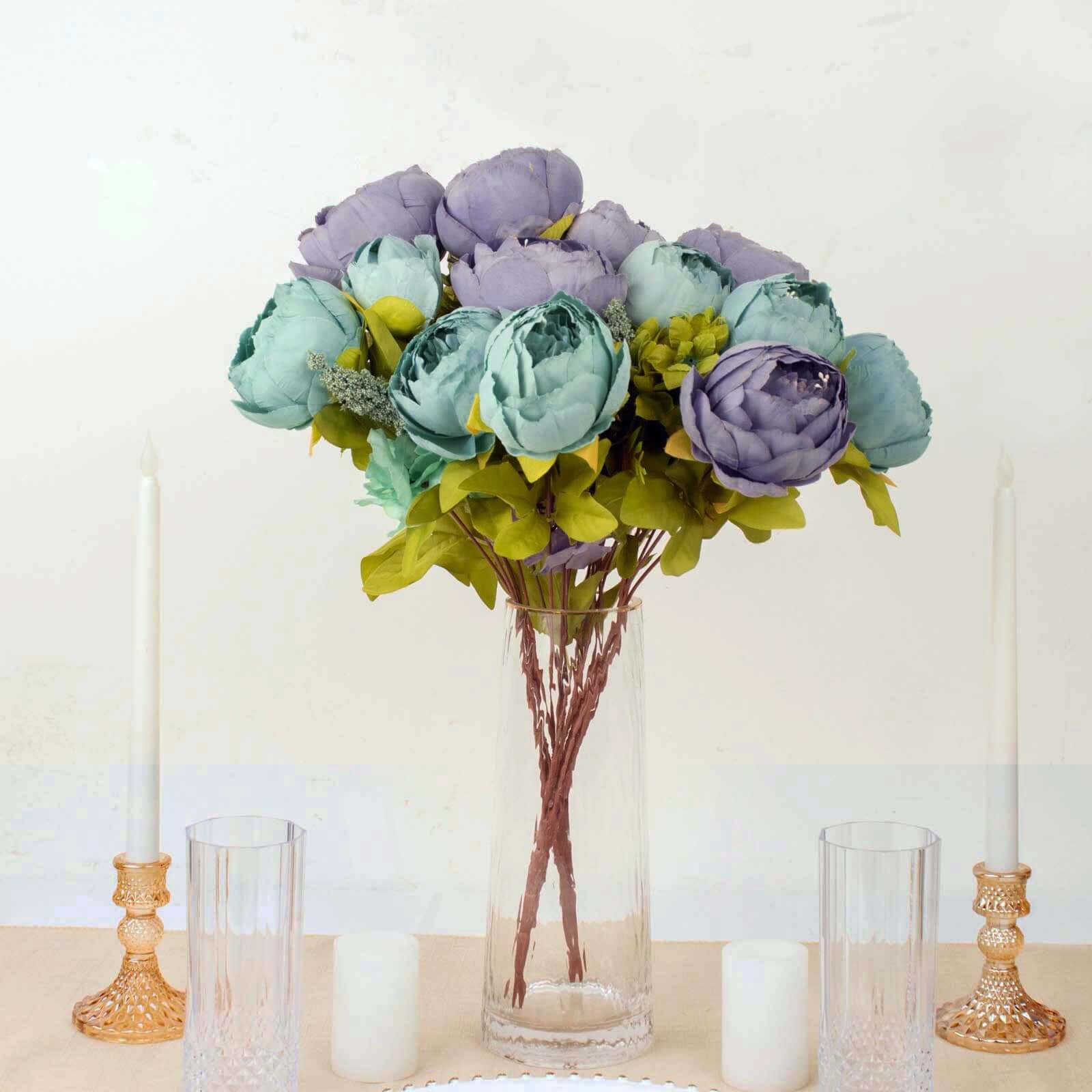 Hot Deal! 2-Pack 19-Inch Dusty Blue Artificial Peony Flower Bouquets for Weddings and Decor