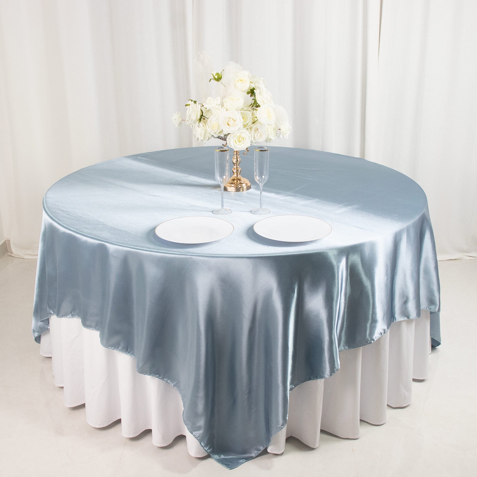 Dusty Blue Satin 90x90 Square Table Overlay with Smooth Finish