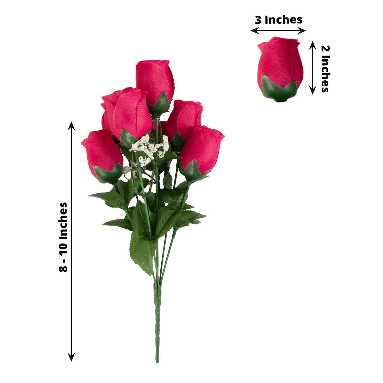 Premium Artificial Silk Fuchsia Rose Bud Bouquets - Set of 12 Bushes for Decor