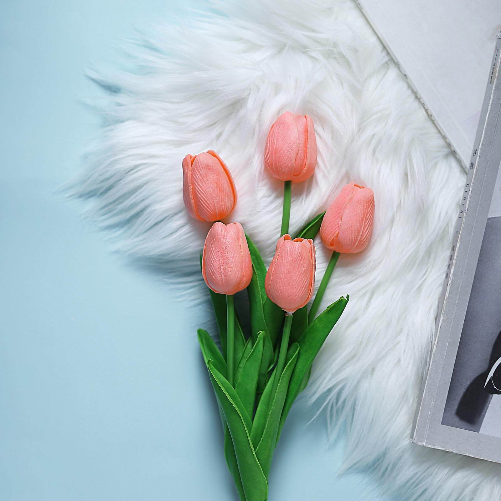 Hot Sale! 10 Stems Coral Artificial Foam Tulip Flower Bouquets, 13 Inches Tall