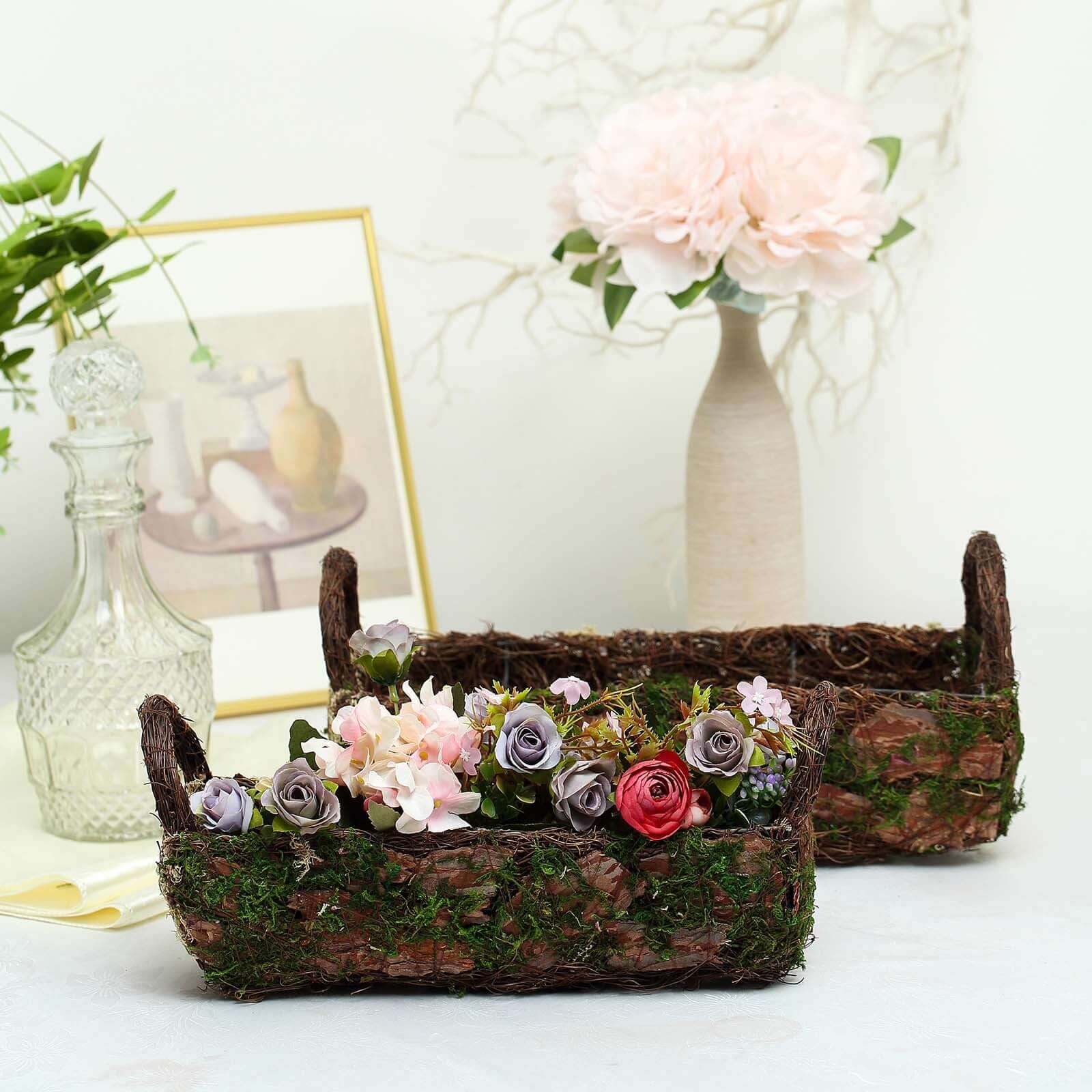Special Offer! Set of 2 Rustic Moss Log-Shaped Planter Boxes with Handles for Flower Arrangements