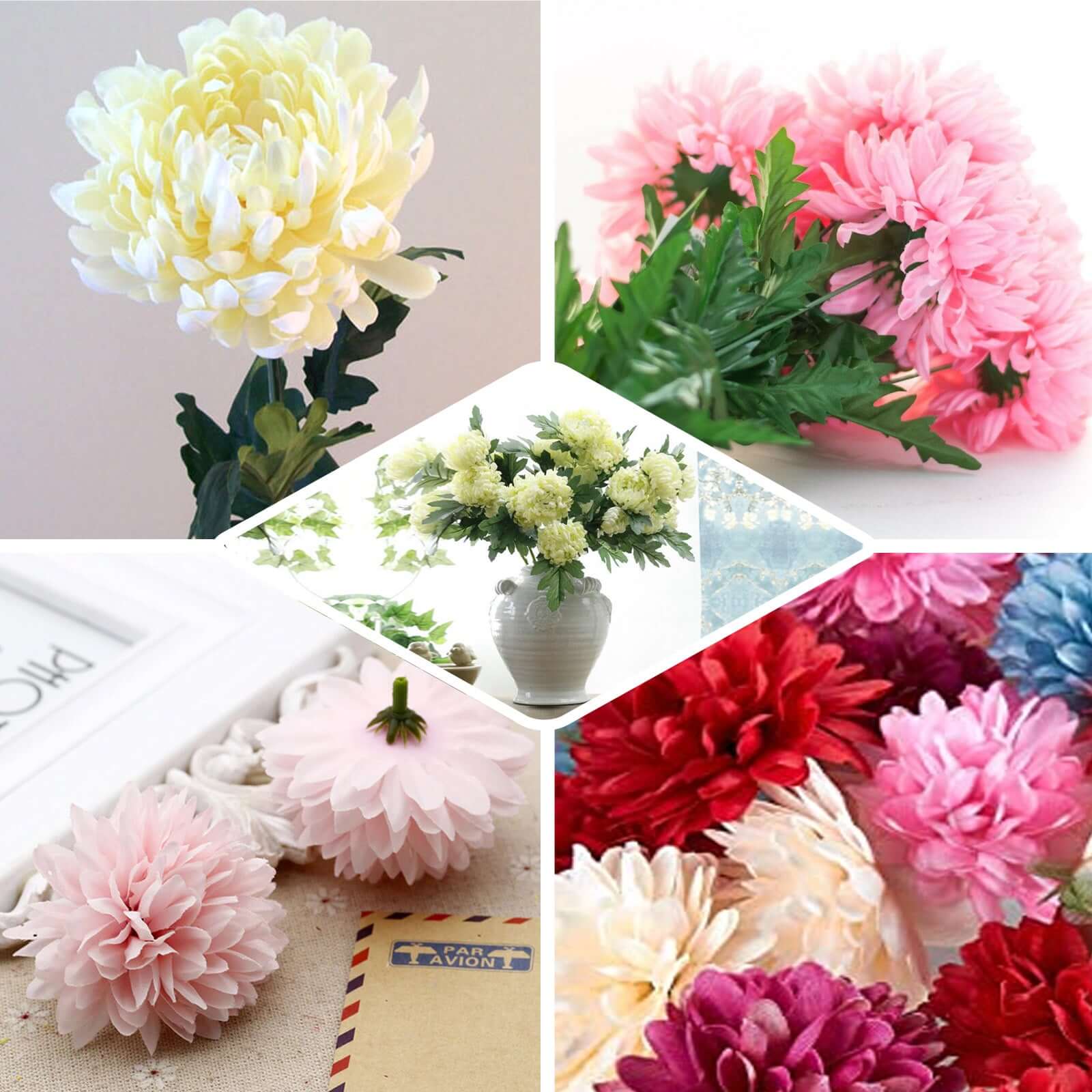 4 Bushes of Black High - Quality Artificial Silk Chrysanthemum with 56 Faux Flowers