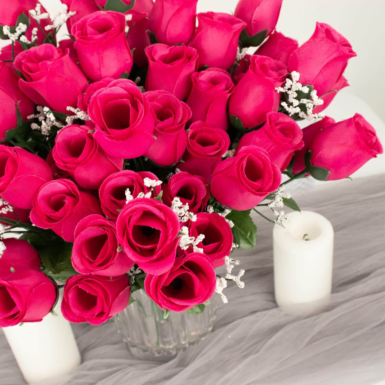 Premium Artificial Silk Fuchsia Rose Bud Bouquets - Set of 12 Bushes for Decor