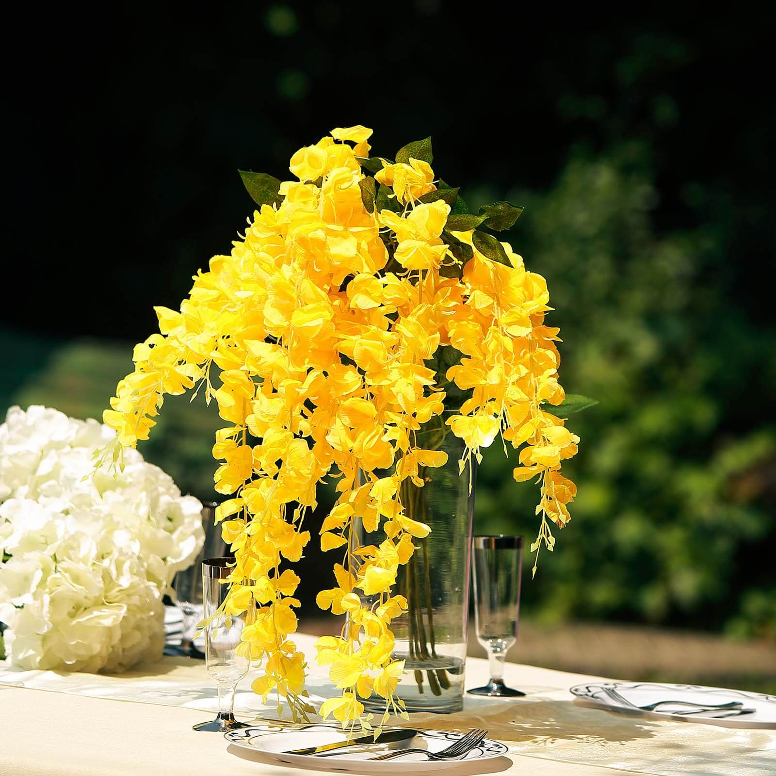 5-Pack Yellow Silk Wisteria Flower Garland Vines, 3 Hanging Strands per Bush, 44 Feet Long