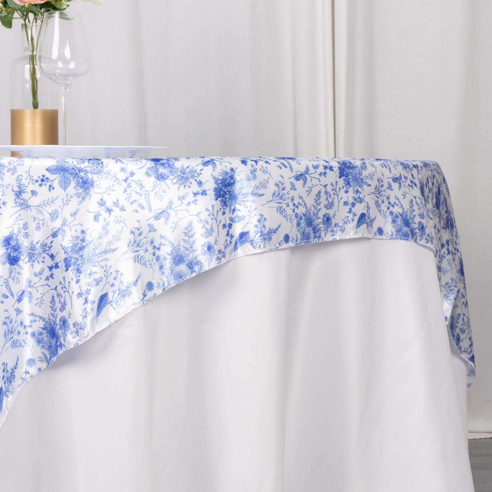 White and Blue Satin 72x72 Square Table Overlay with French Toile Floral for Elegant Celebrations
