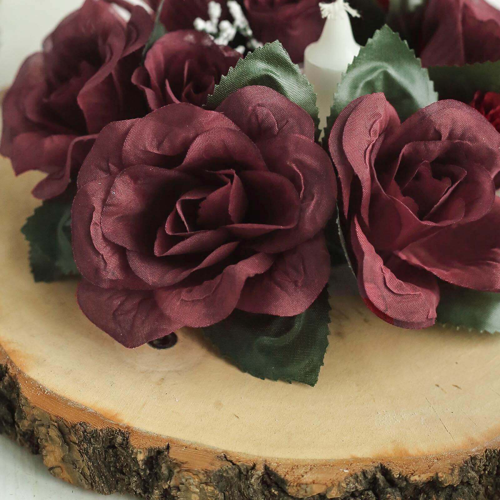 4-Pack Burgundy Artificial Silk Rose Flower Candle Rings - Ideal Decor!