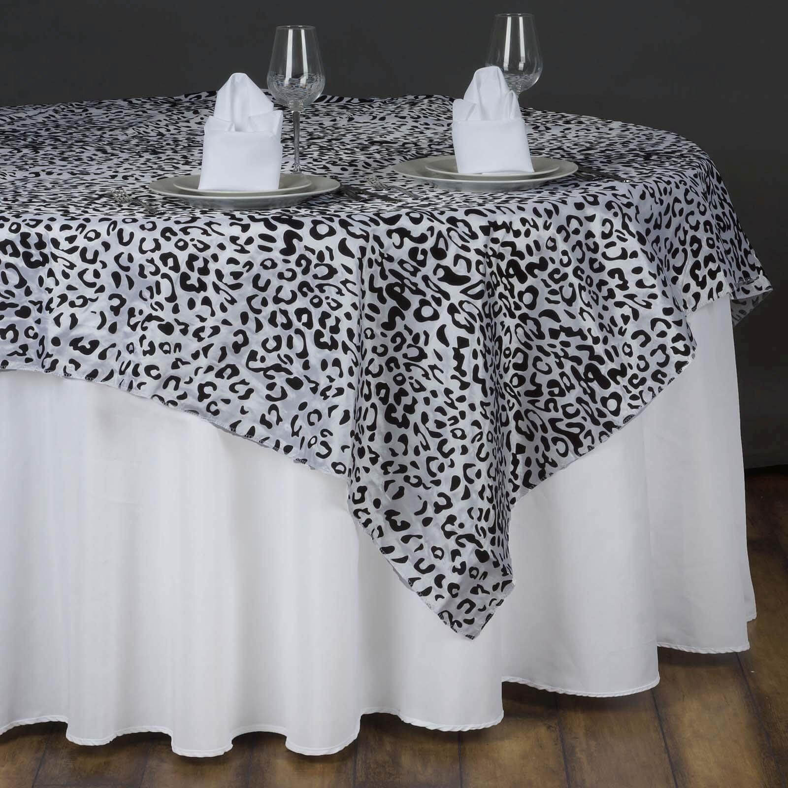 Hot! 90x90 Taffeta Table Overlay in Black/White Leopard Print for Wild Events