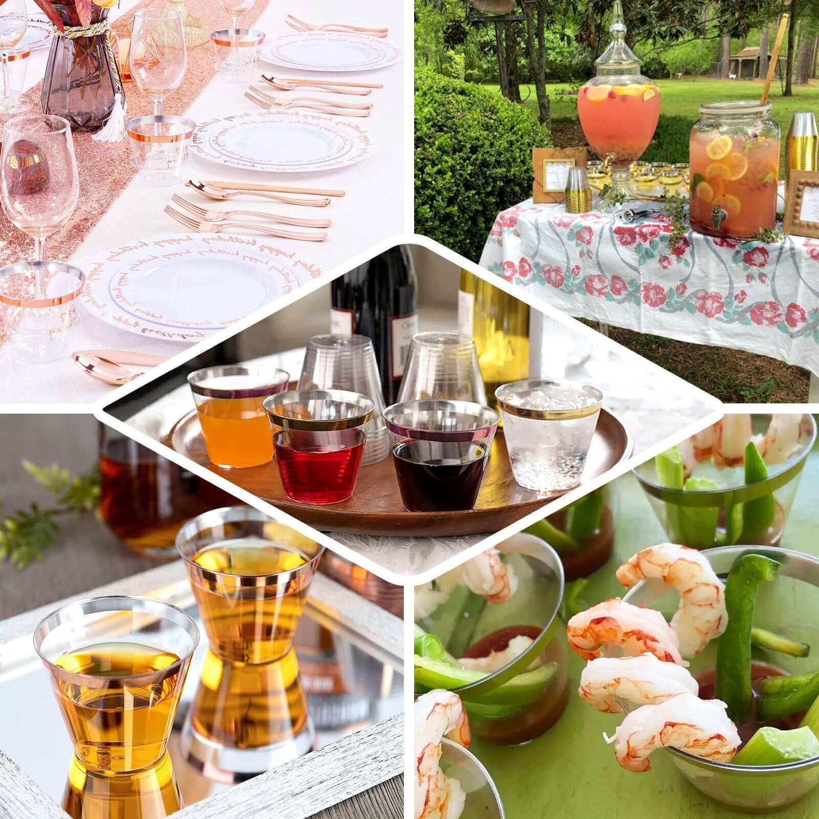 Hot Sale! 12-Pack 10oz Clear Plastic Party Squat Cups with Rose Gold Rim for Special Occasions