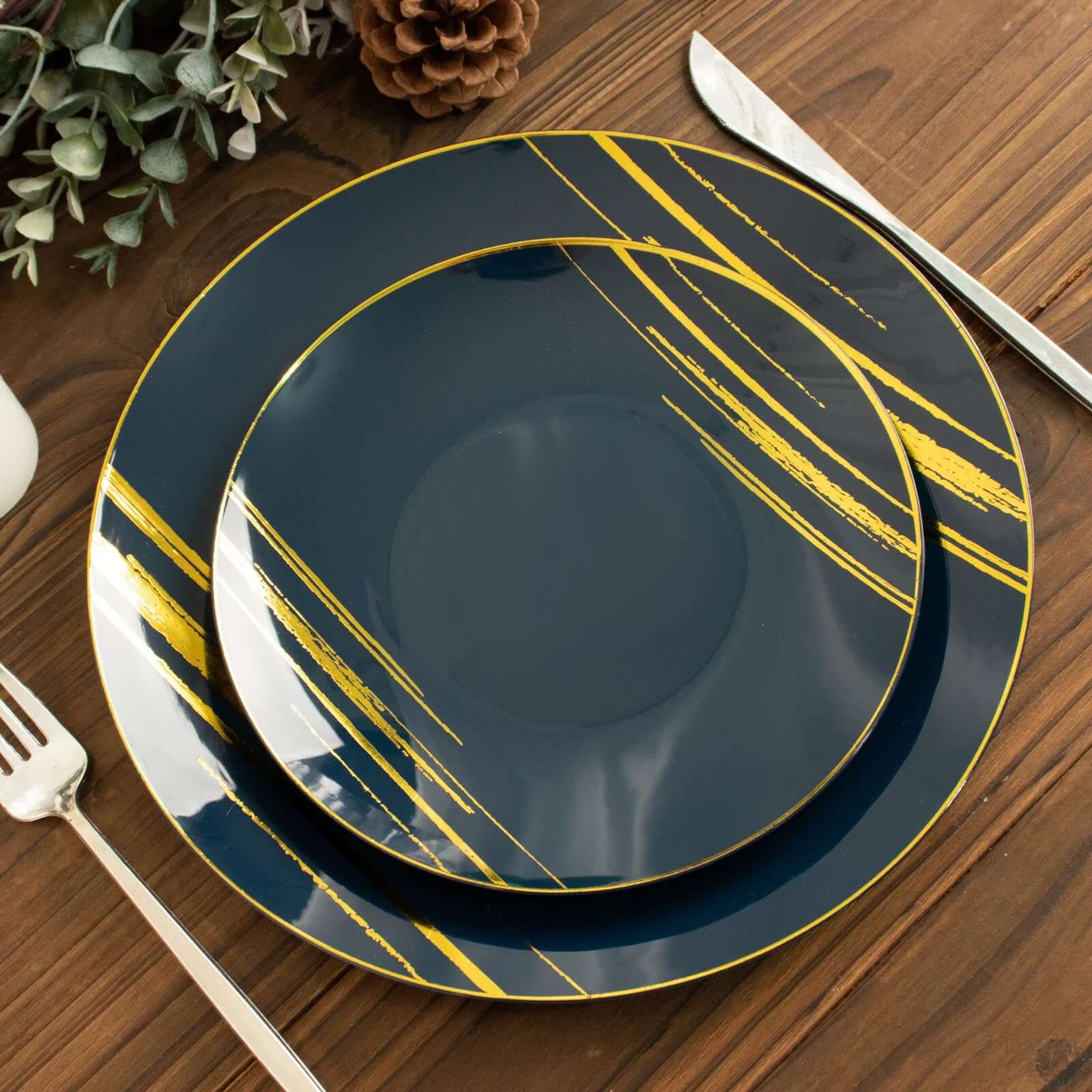 10-Piece Set of Navy Blue Plastic Round Dessert Plates with Gold Brush Print - Disposable Appetizer Salad Plates