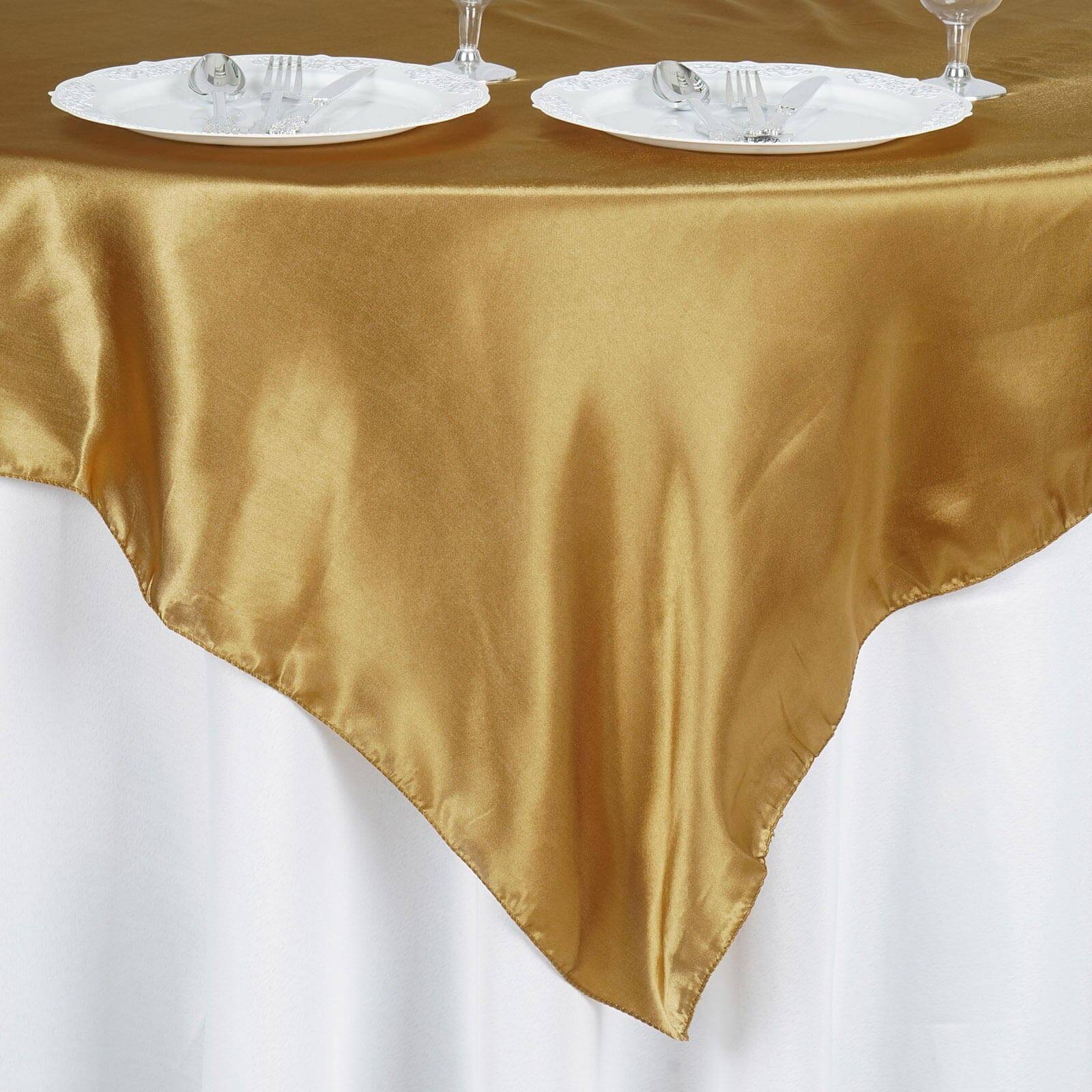 60x60 Gold Satin Square Table Overlay - Smooth Silky Table Cover for Elegant Events