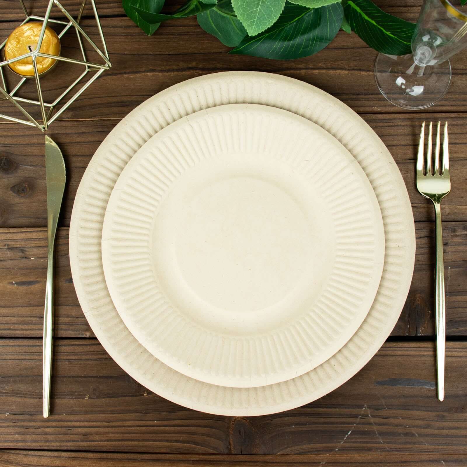 50-Piece Set of Natural 8-Inch Round Bagasse Dessert Plates with Ribbed Edge