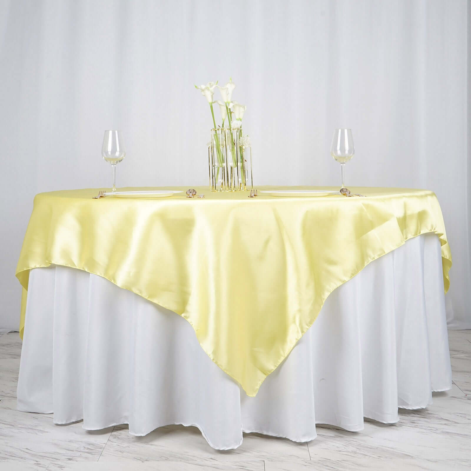 Yellow Satin 72x72 Square Table Overlay - Smooth Finish, Ideal Decor