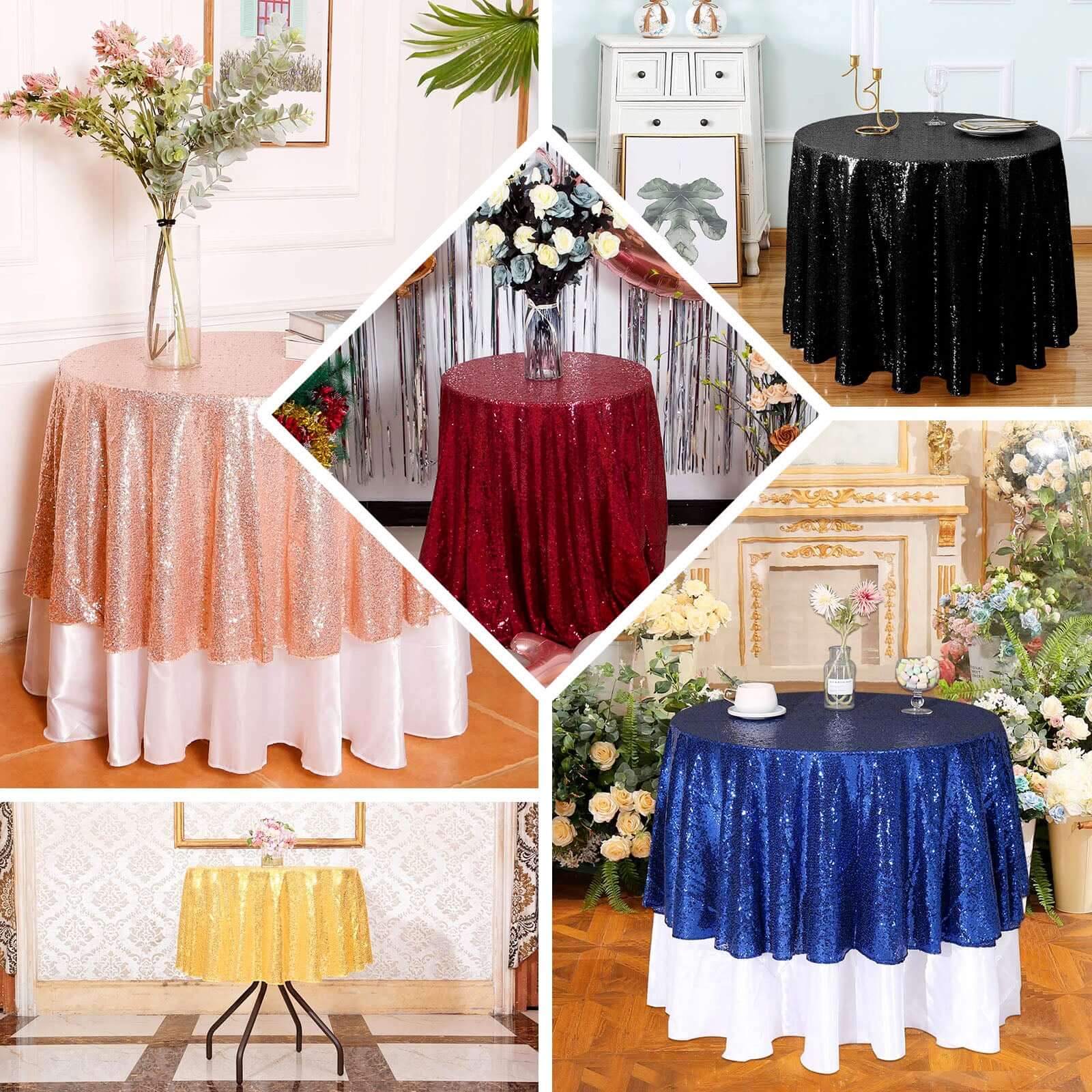Hot Sale! 90-Inch Burgundy Sequined Round Tablecloth for Special Events