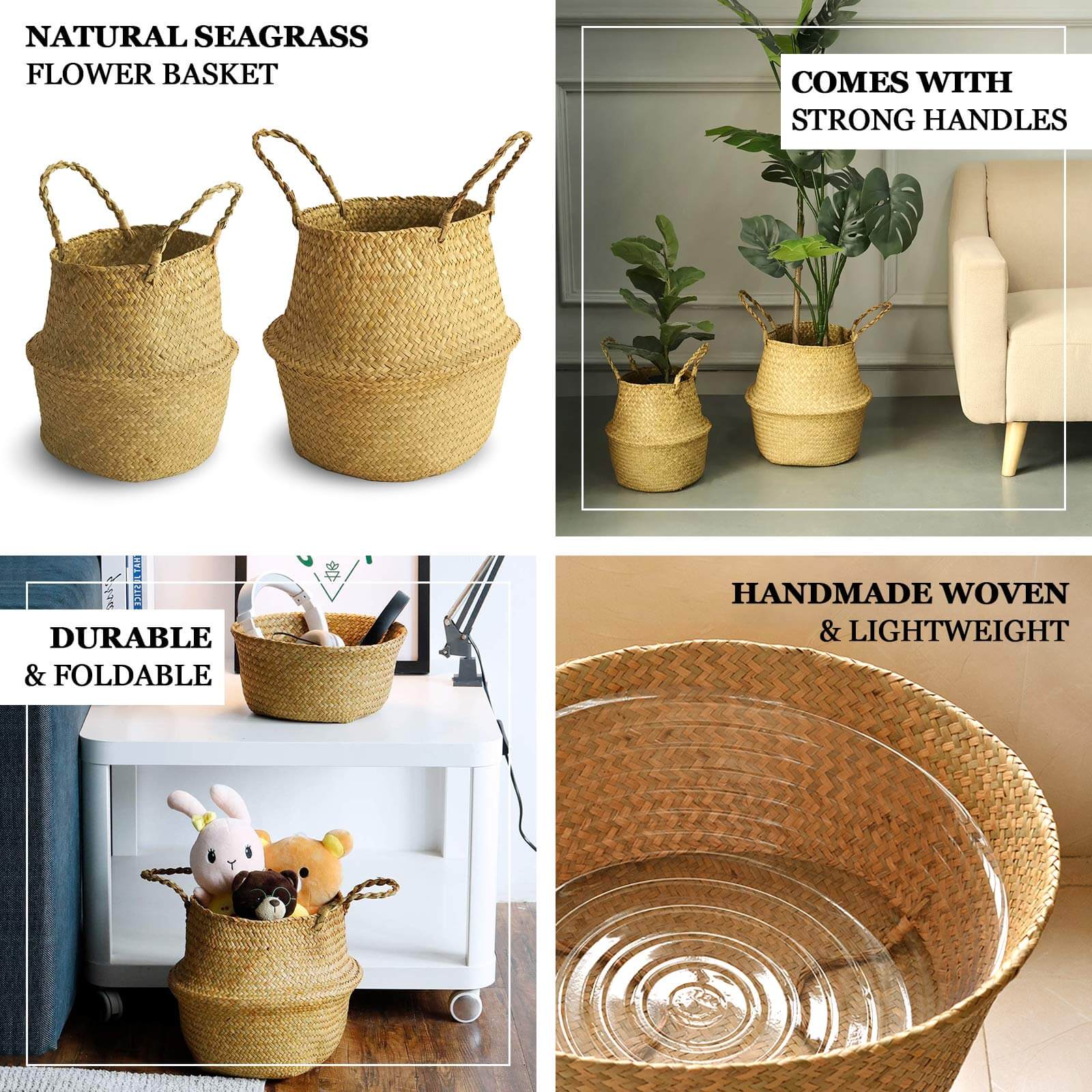 Exclusive Set of 2 Natural Handwoven Seagrass Plant Baskets for Home Organization