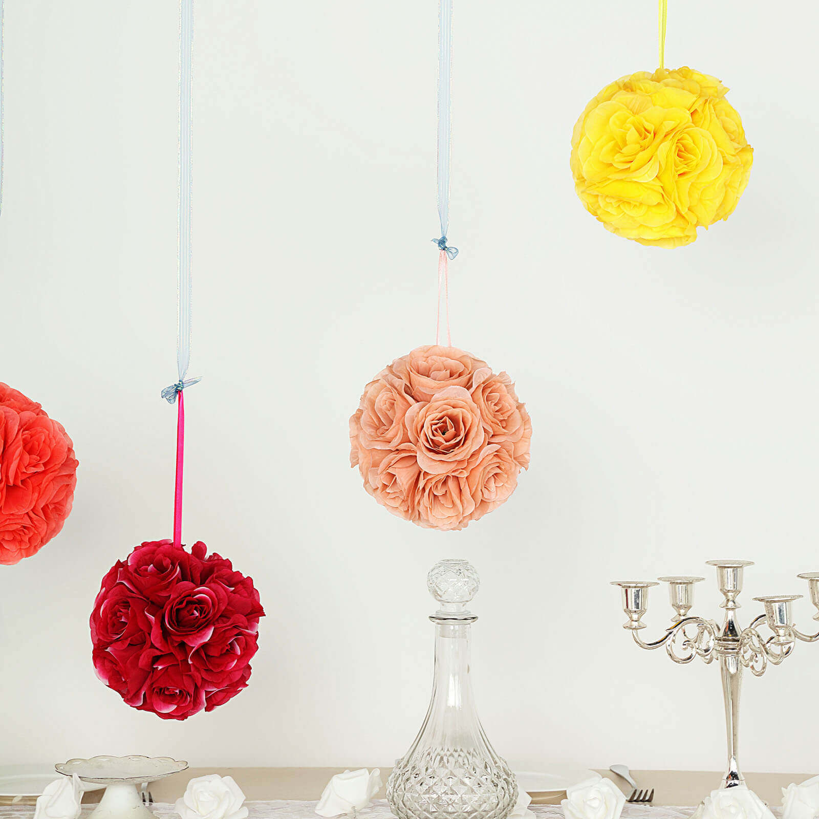 2-Pack 7-Inch Yellow Artificial Silk Rose Kissing Balls, Ideal Faux Flower Decor for Parties