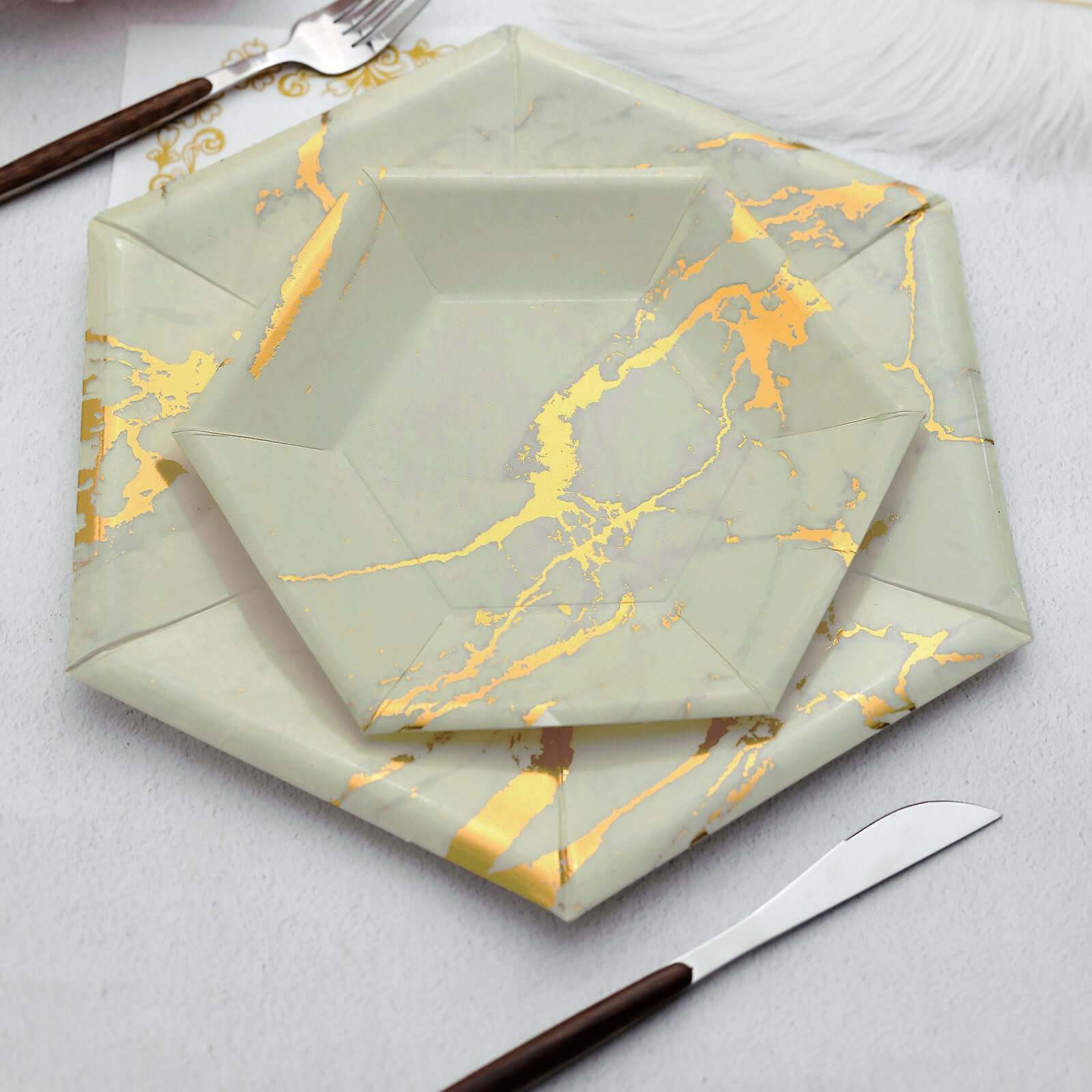 25-Pack Ivory Marble Disposable Dinner Paper Plates, 12-Inch Hexagon with Gold Foil Design - Great Value!