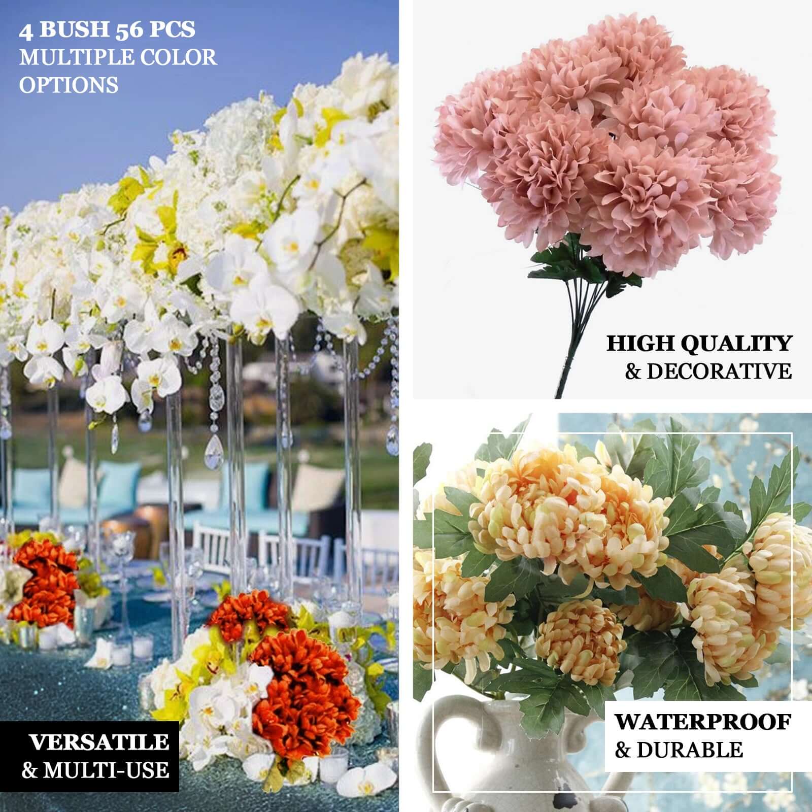On Sale! 4 Bushes of Fuchsia Artificial Silk Chrysanthemum with 56 Faux Flowers