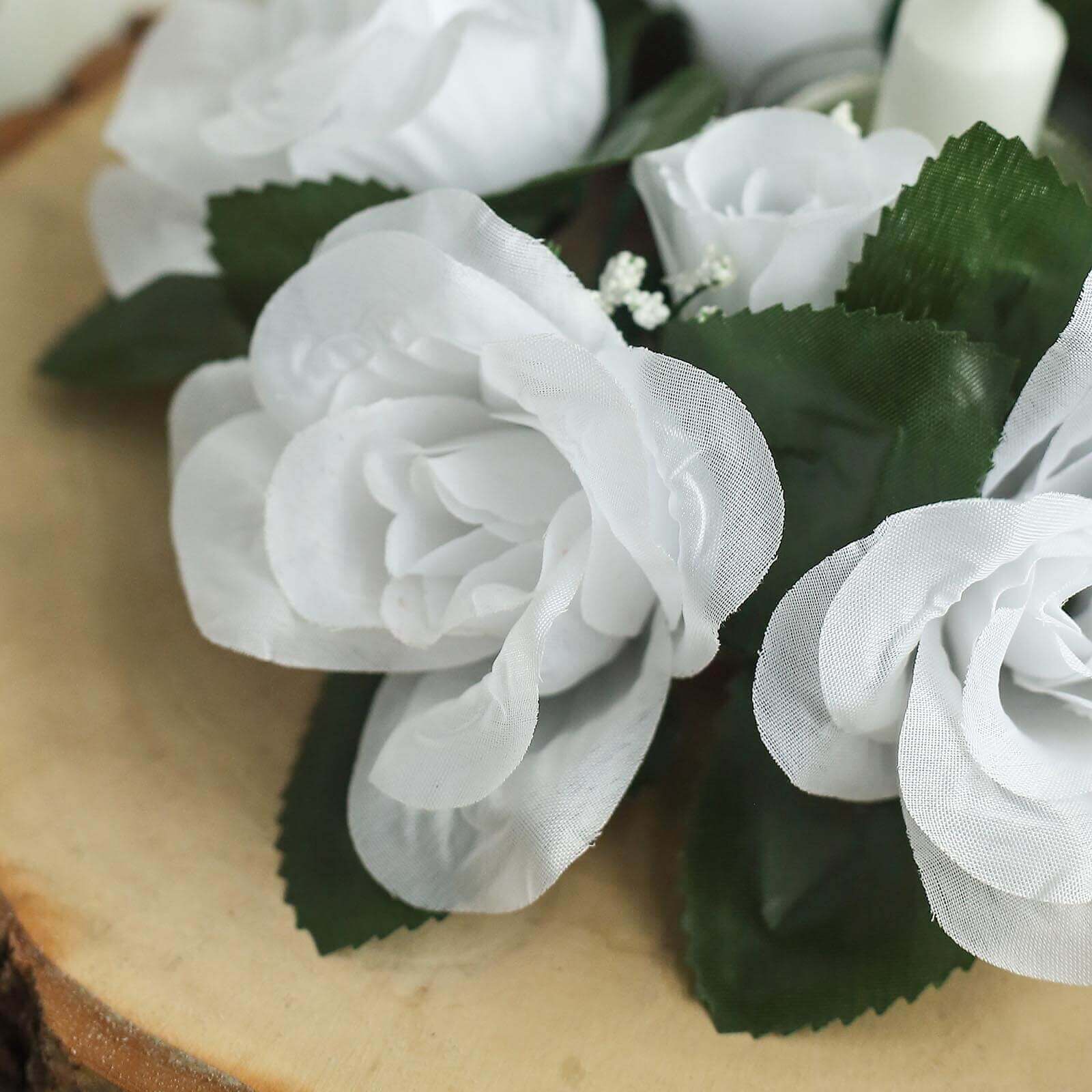 Set of 4 Artificial White Silk Rose and Baby's Breath Candle Ring Wreaths